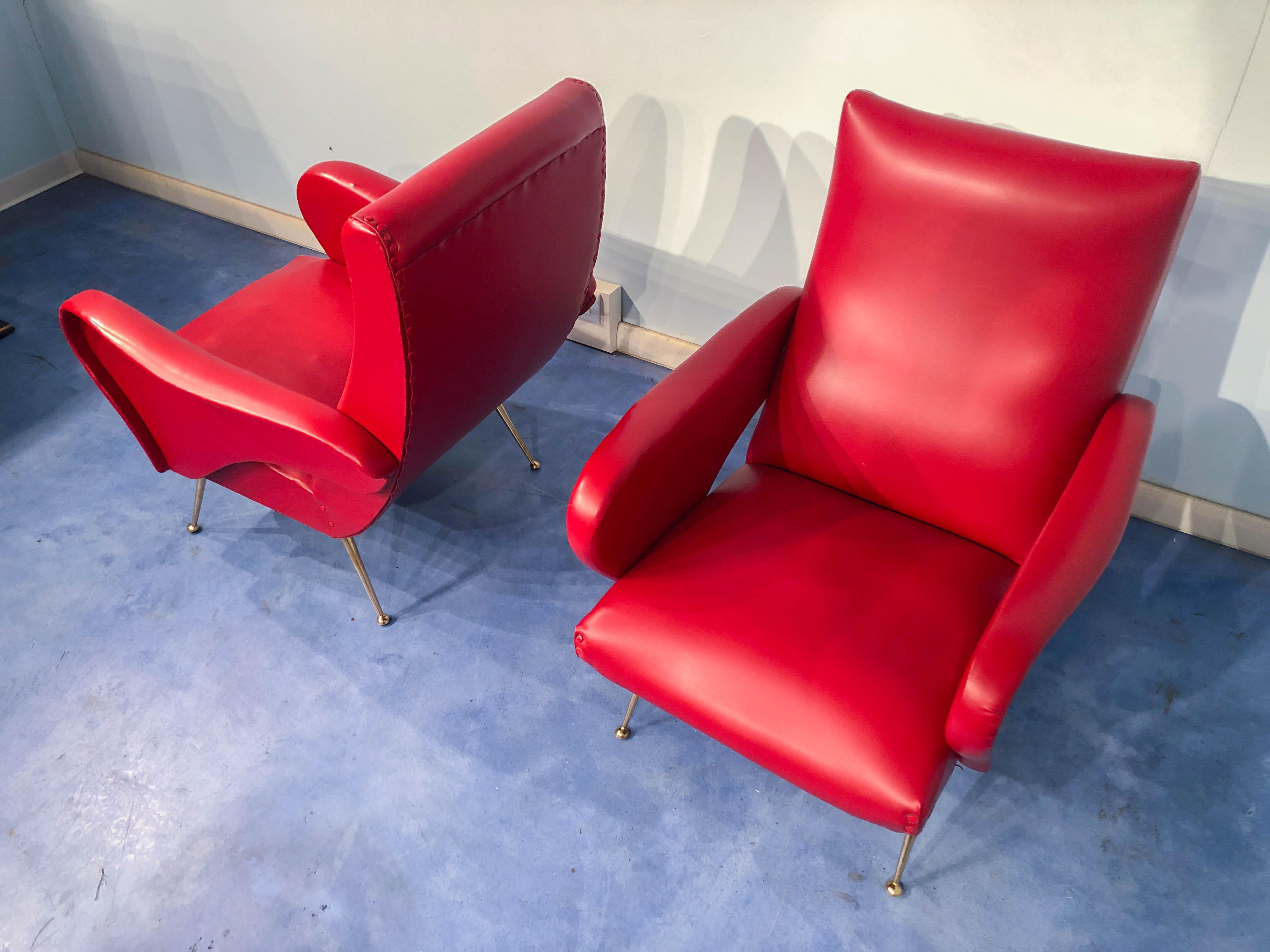 Pair of Italian Midcentury Modern Red Vinyl Armchairs, Nino Zoncada Style, 1950s In Good Condition In Traversetolo, IT