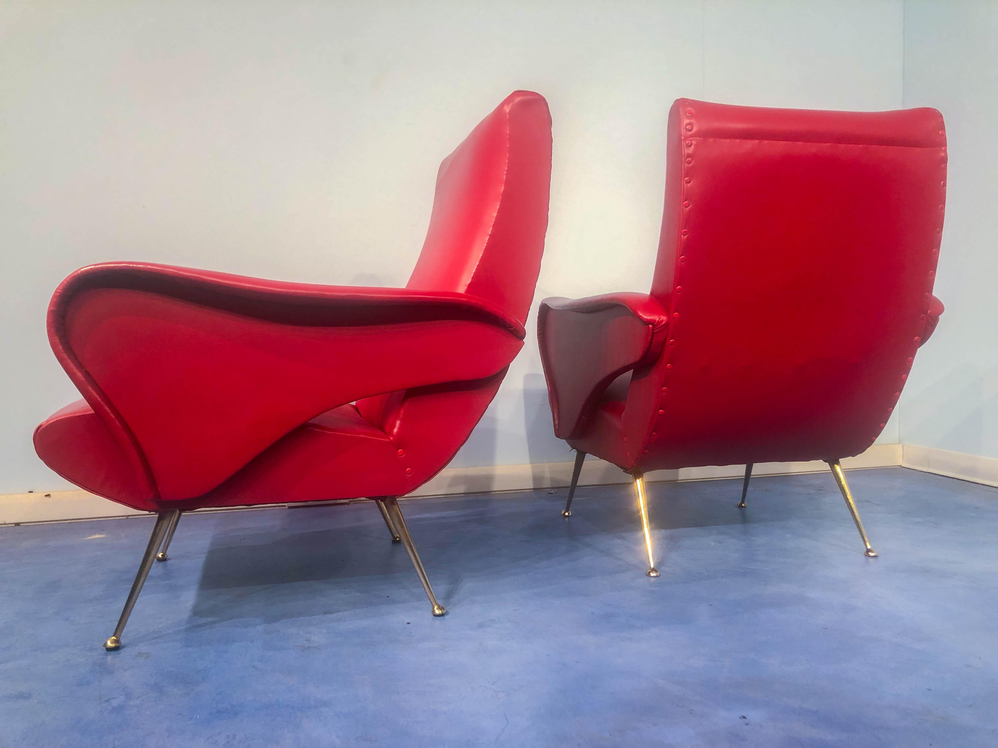 Mid-20th Century Pair of Italian Midcentury Modern Red Vinyl Armchairs, Nino Zoncada Style, 1950s