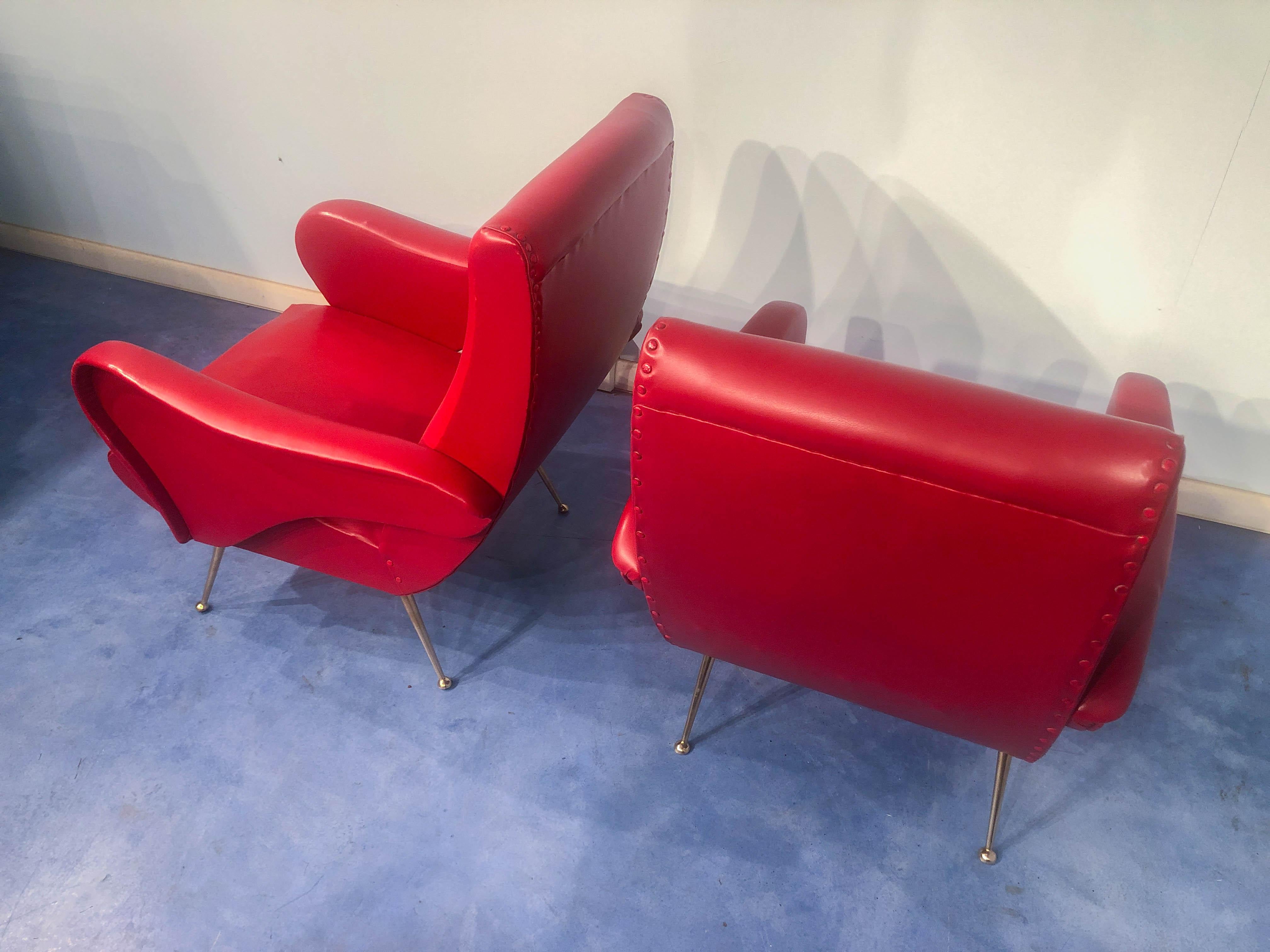 Faux Leather Pair of Italian Midcentury Modern Red Vinyl Armchairs, Nino Zoncada Style, 1950s