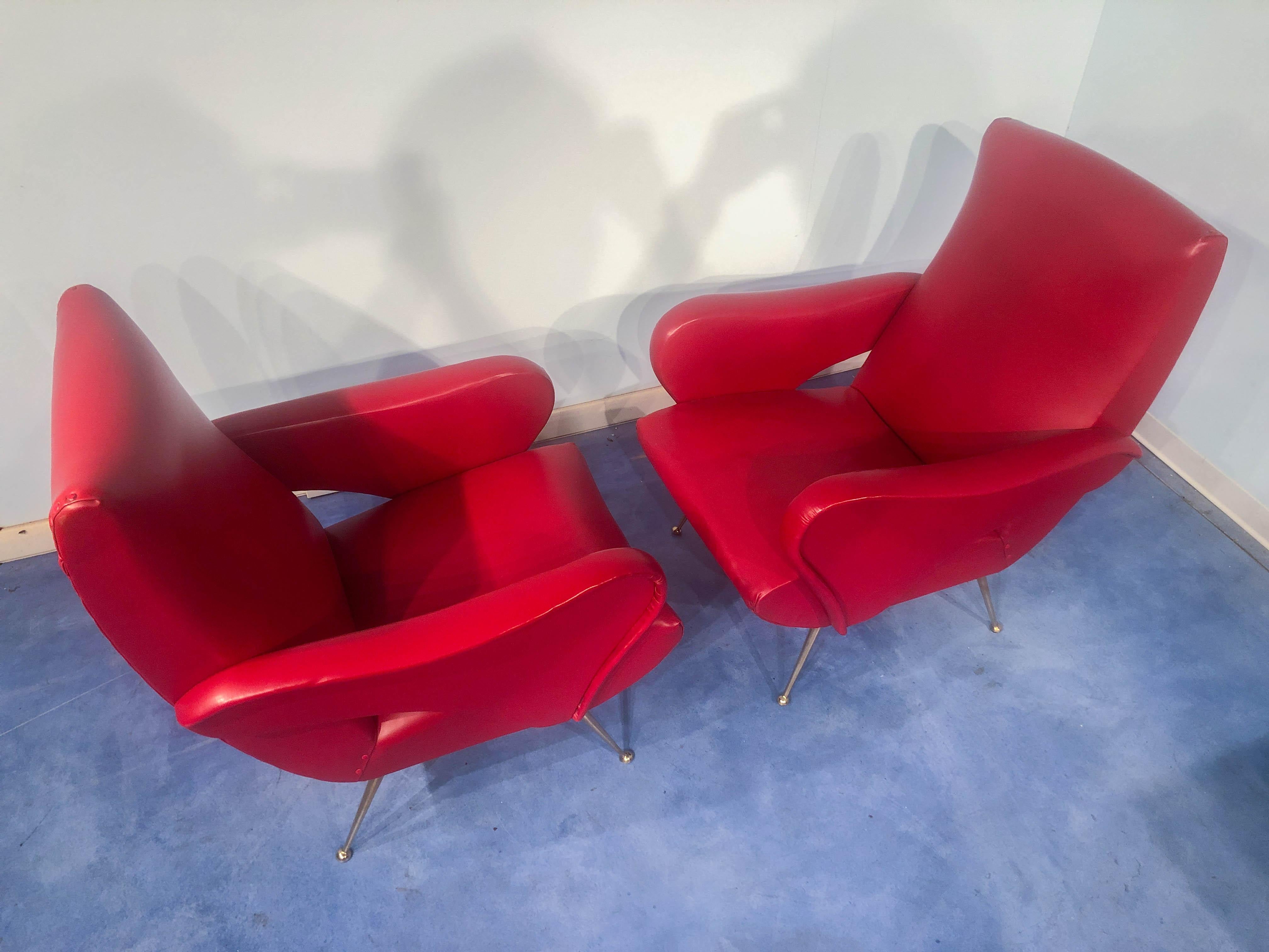 Pair of Italian Midcentury Modern Red Vinyl Armchairs, Nino Zoncada Style, 1950s 1