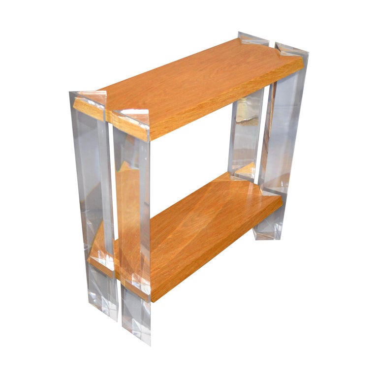 Italian Mid Century Modern Oak And Acrylic Two Tier Console Table