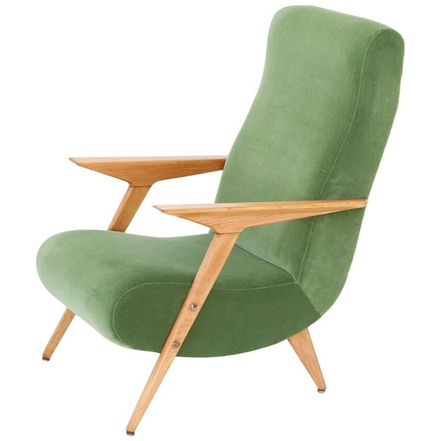 Italian Mid-Century Modern Oakwood and New Green Velvet Armchair, 1950s