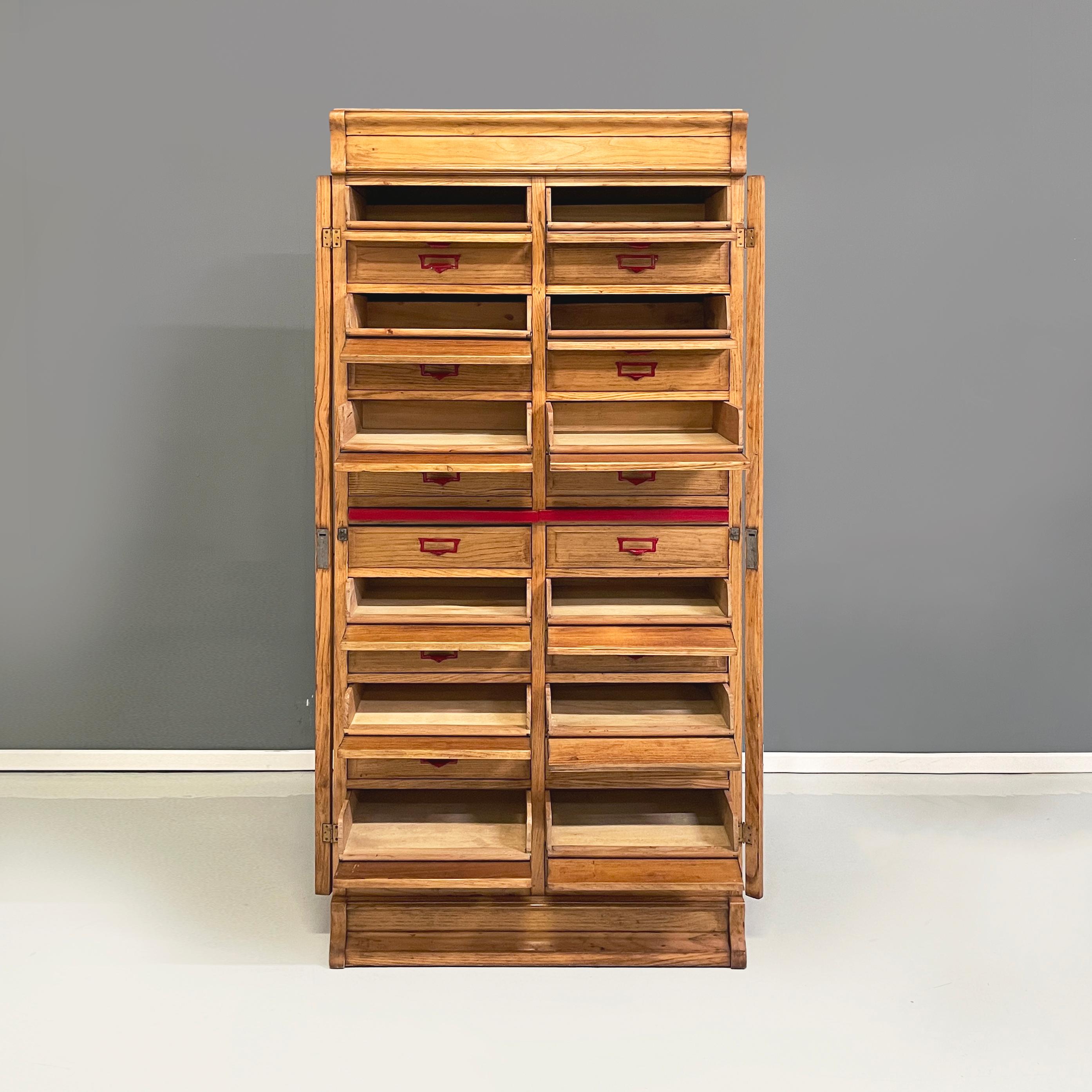 Mid-Century Modern Italian mid-century modern office filing cabinet in wood and red metal, 1940s For Sale