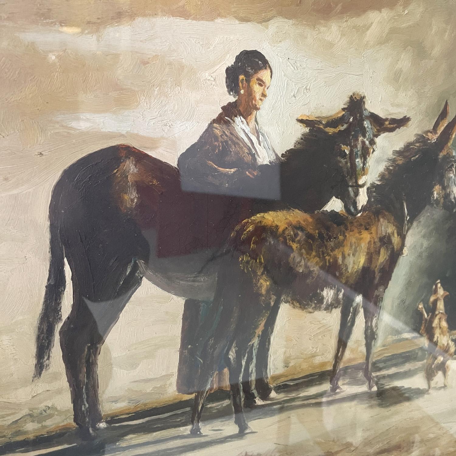 Italian mid-century modern oil painting with donkeys in golden frame, 1960s 7