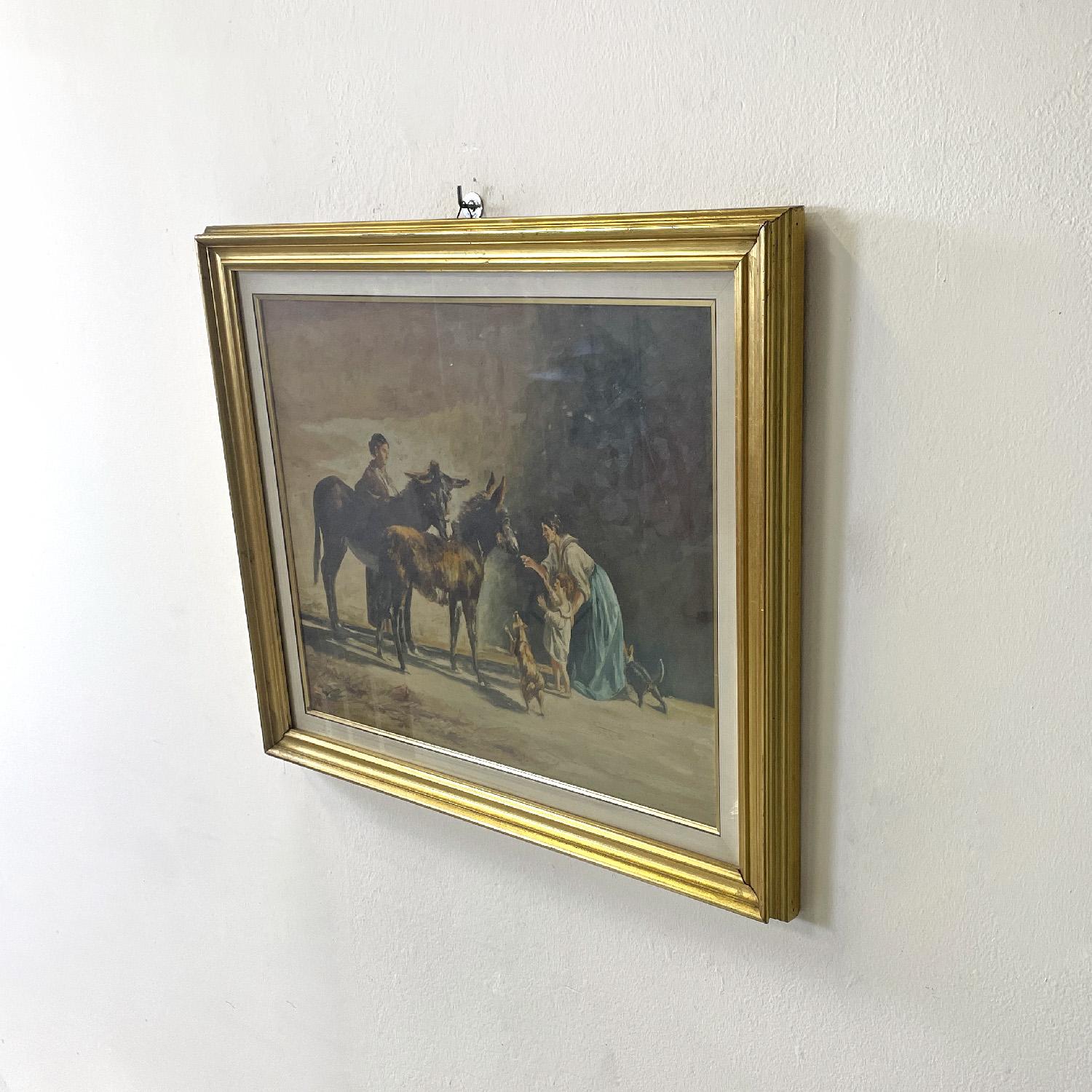 Italian mid-century modern oil painting with donkeys in golden frame, 1960s
Picture with rectangular frame. The painting represents two donkeys accompanied by a girl, another female figure with a child, a dog and a cat in an agricultural setting.