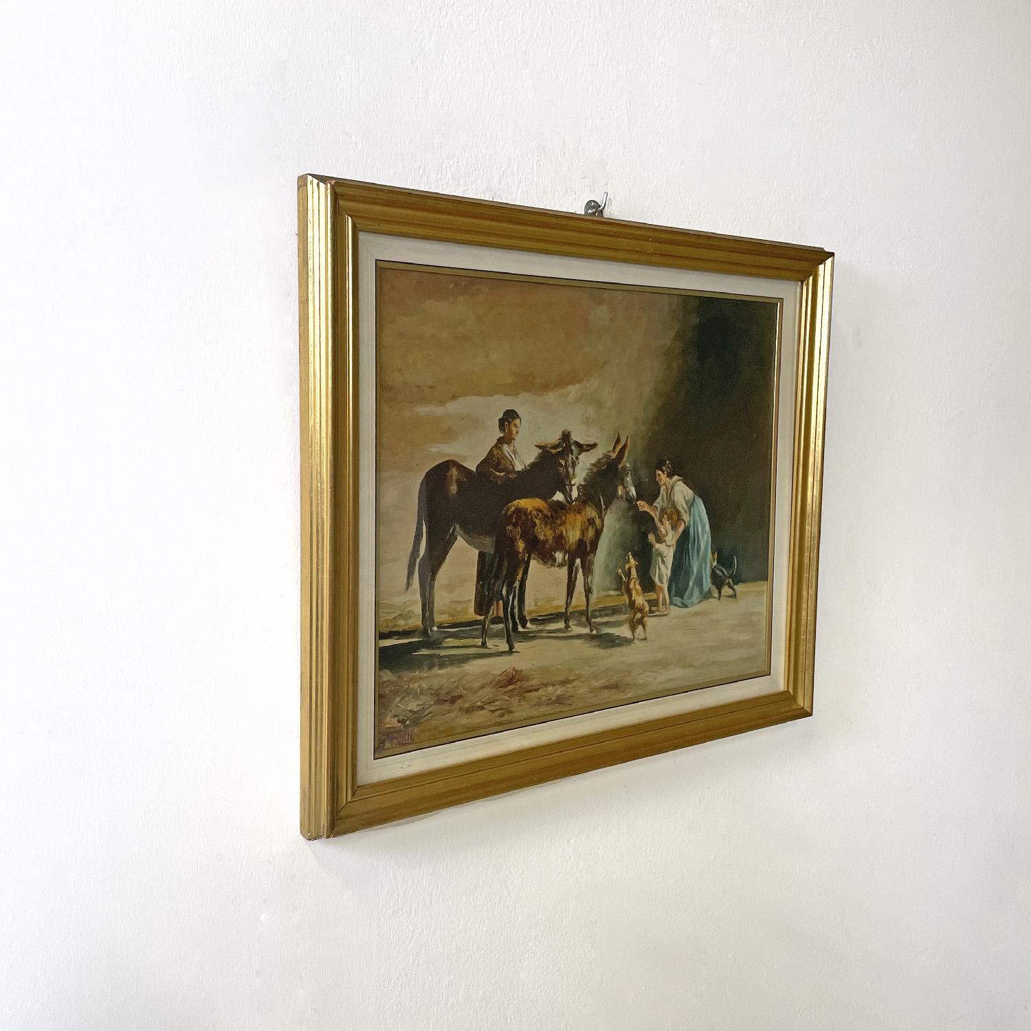 Italian mid-century modern oil painting with donkeys in golden frame, 1960s In Good Condition In MIlano, IT