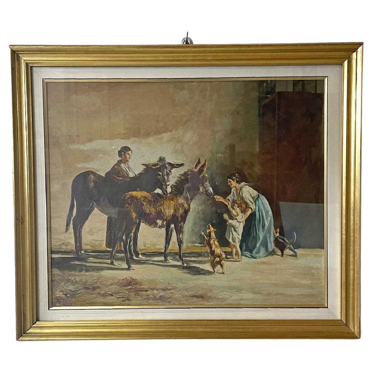 Italian mid-century modern oil painting with donkeys in golden frame, 1960s