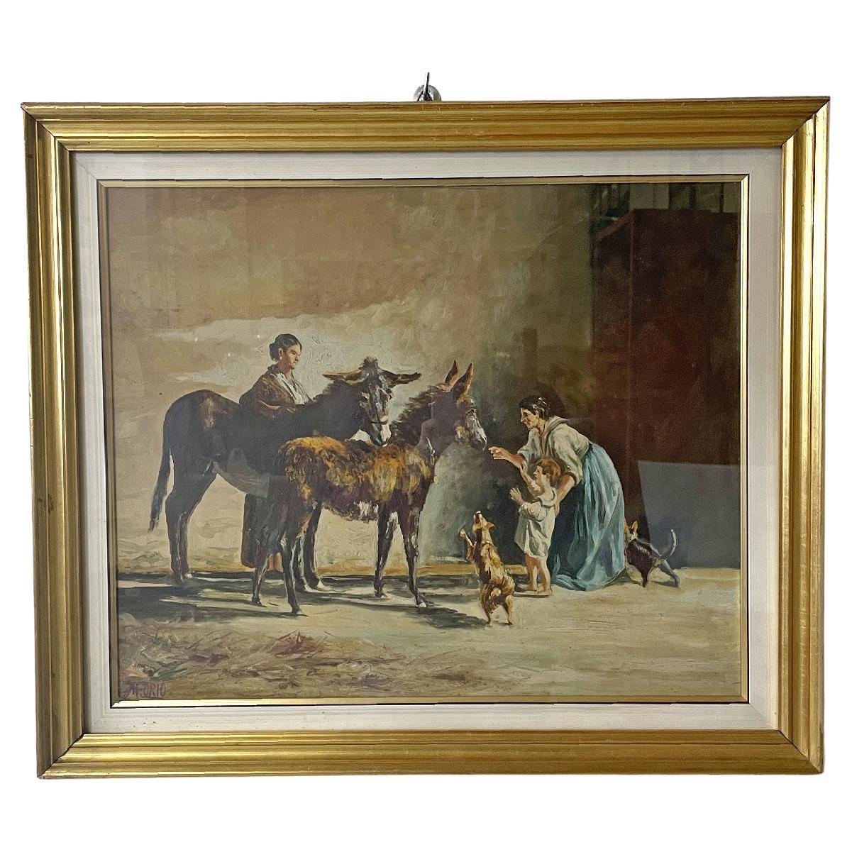 Italian mid-century modern oil painting with donkeys in golden frame, 1960s