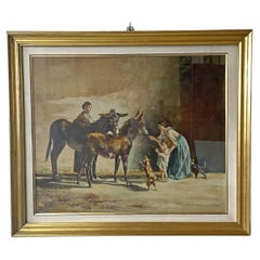 Vintage Italian mid-century modern oil painting with donkeys in golden frame, 1960s