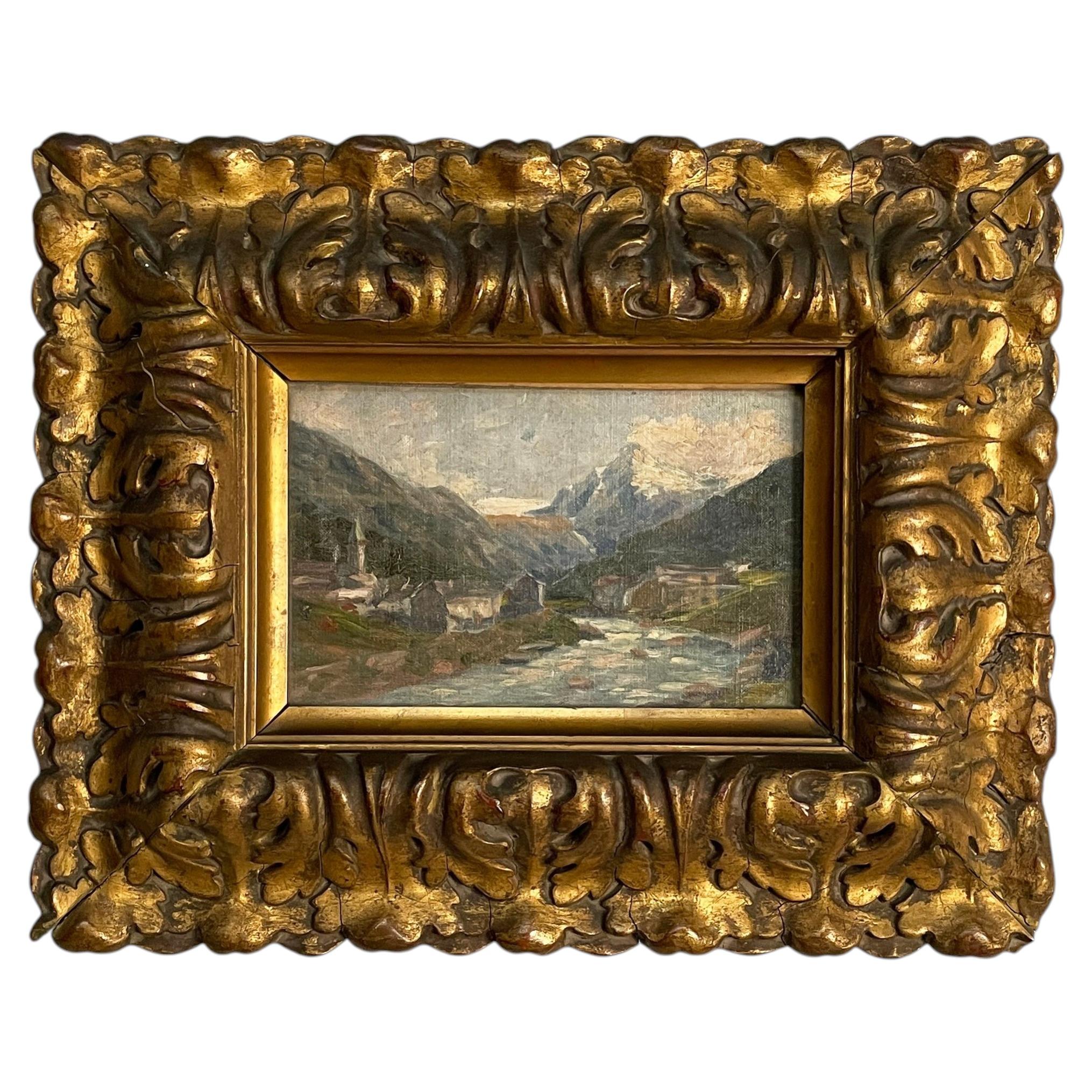 Italian mid-century modern oil painting with gold-pastel frame, 1950s For Sale