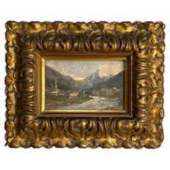 Italian mid-century modern oil painting with gold-pastel frame, 1950s