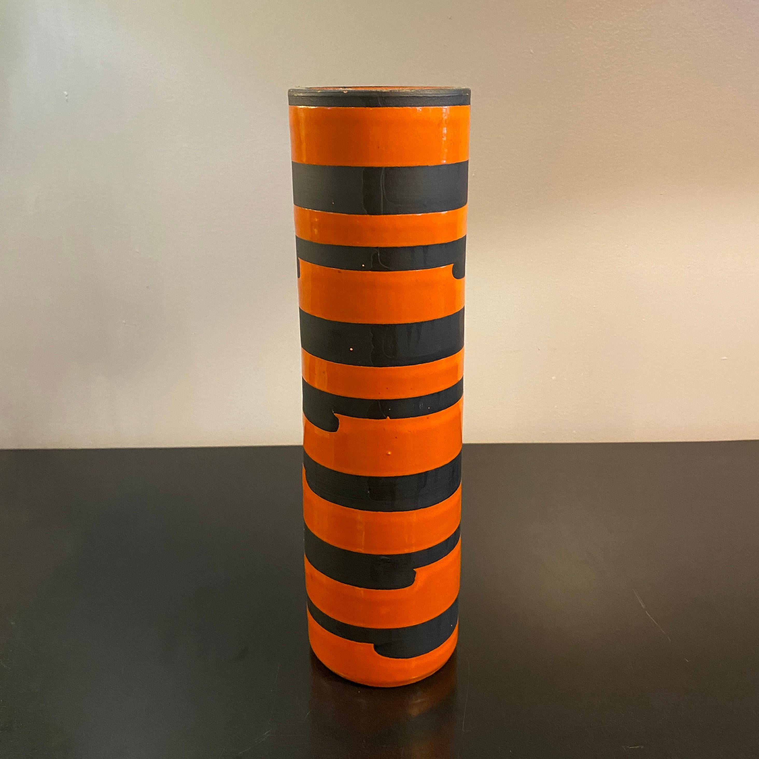 Glazed Italian Mid-Century Modern Orange Black Striped Art Pottery Vase For Sale
