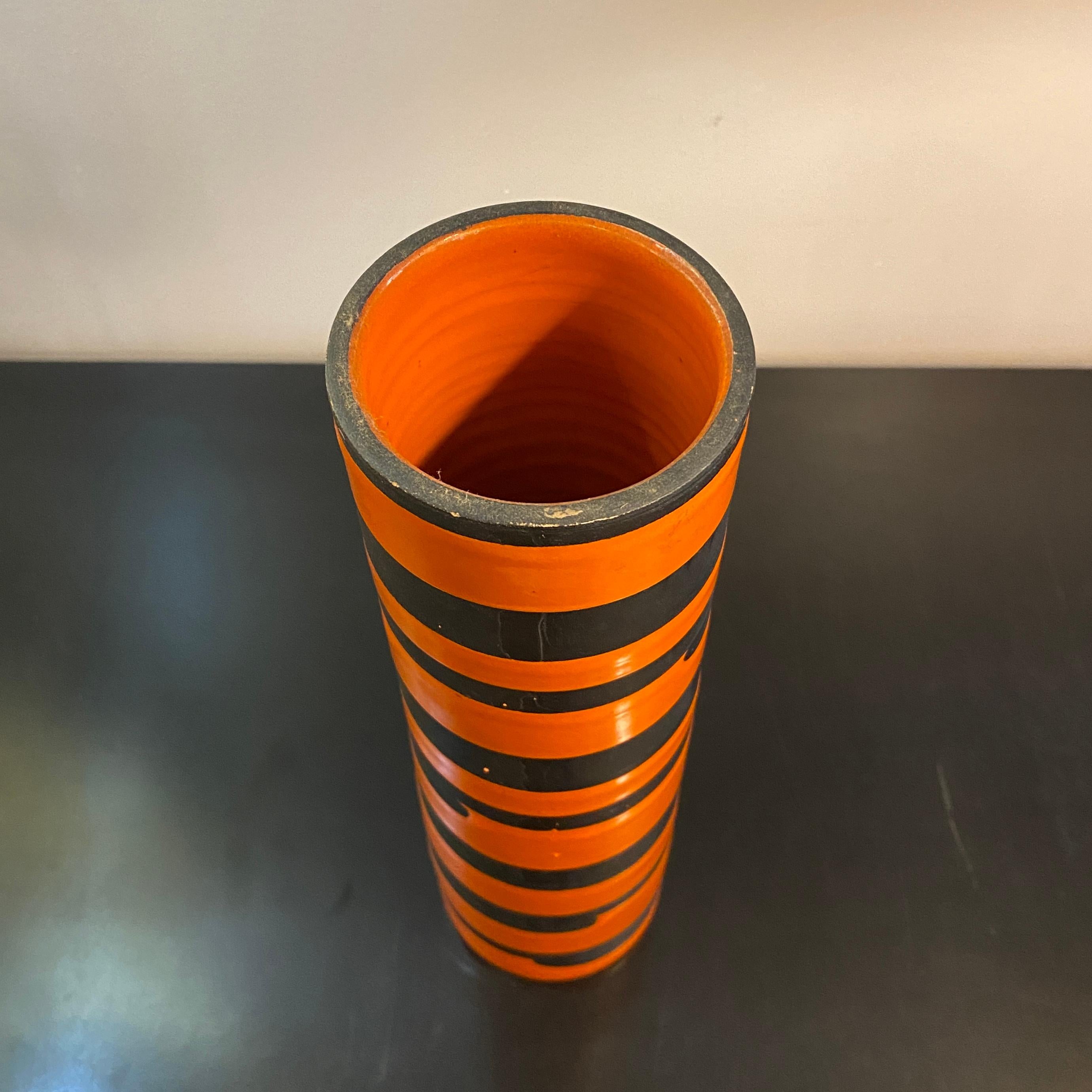 Ceramic Italian Mid-Century Modern Orange Black Striped Art Pottery Vase For Sale
