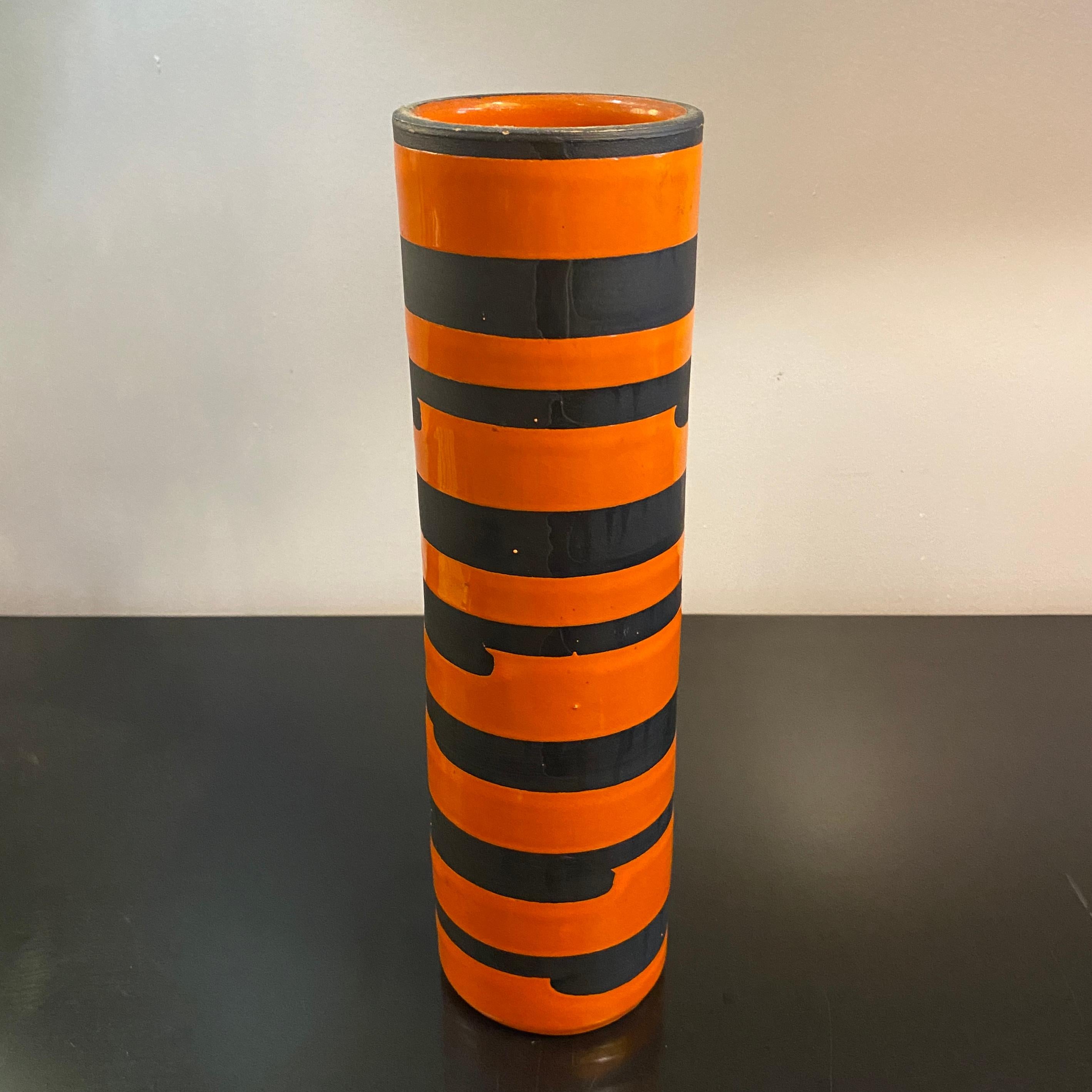 Italian Mid-Century Modern Orange Black Striped Art Pottery Vase For Sale 1