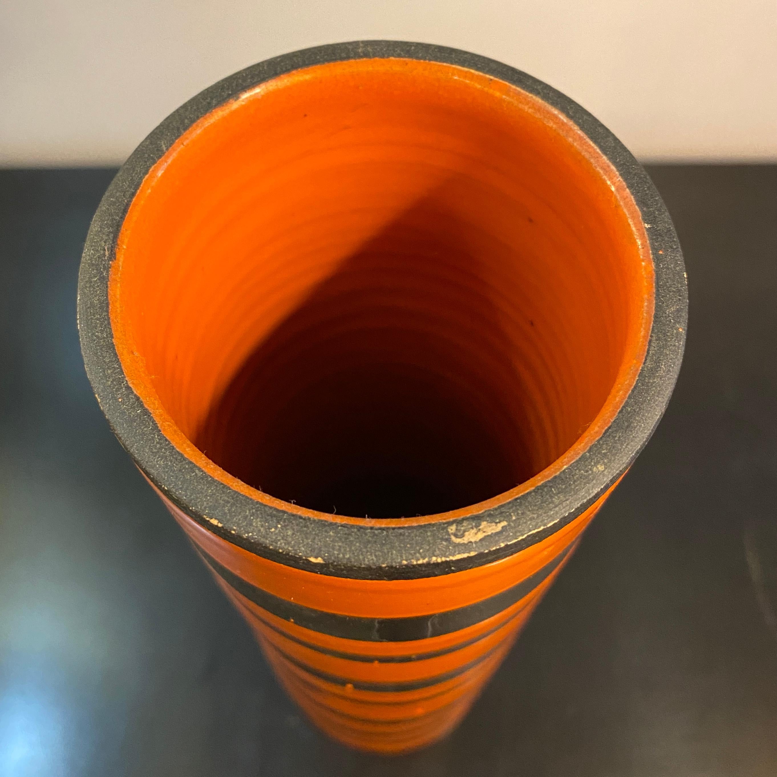 Italian Mid-Century Modern Orange Black Striped Art Pottery Vase For Sale 2