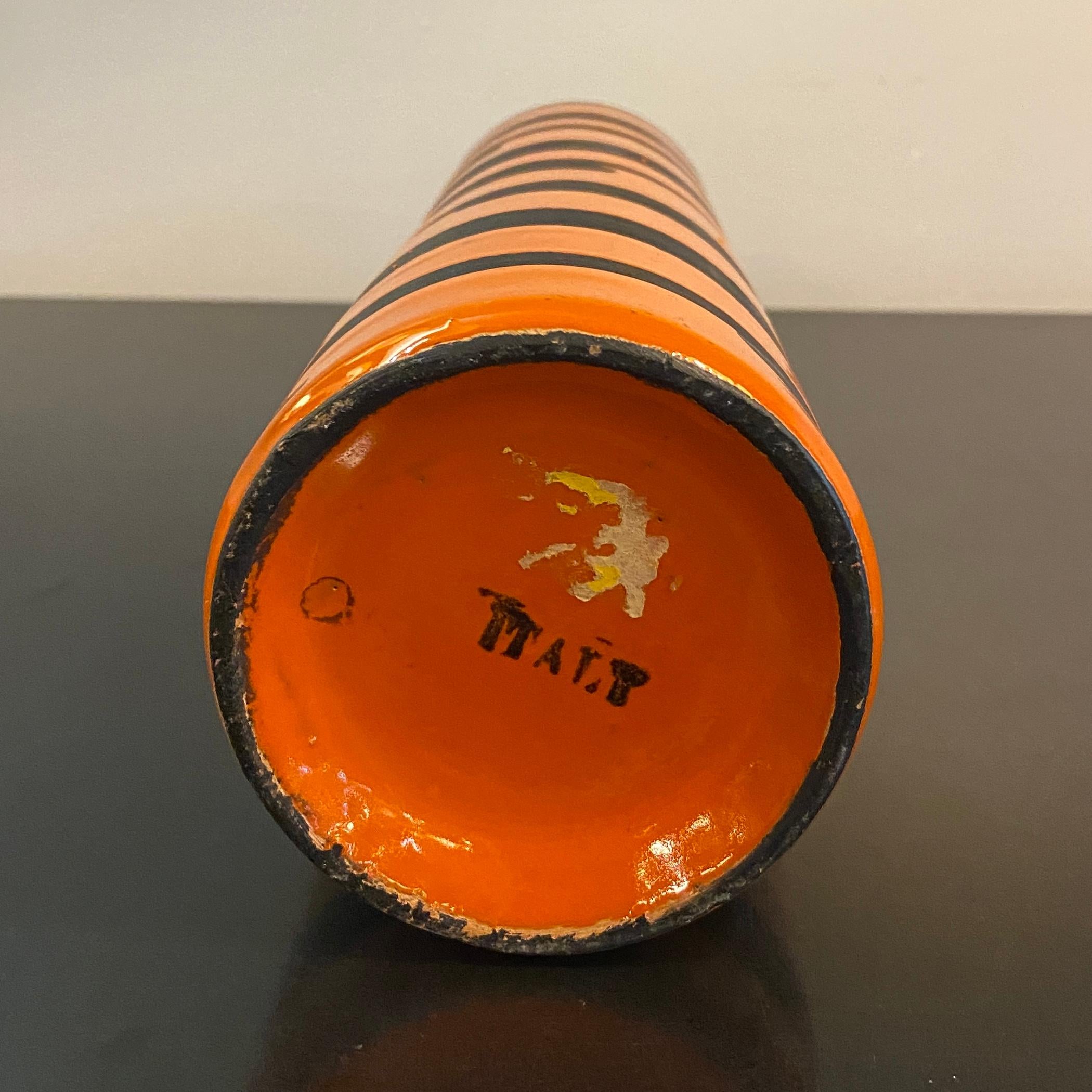 Italian Mid-Century Modern Orange Black Striped Art Pottery Vase For Sale 3