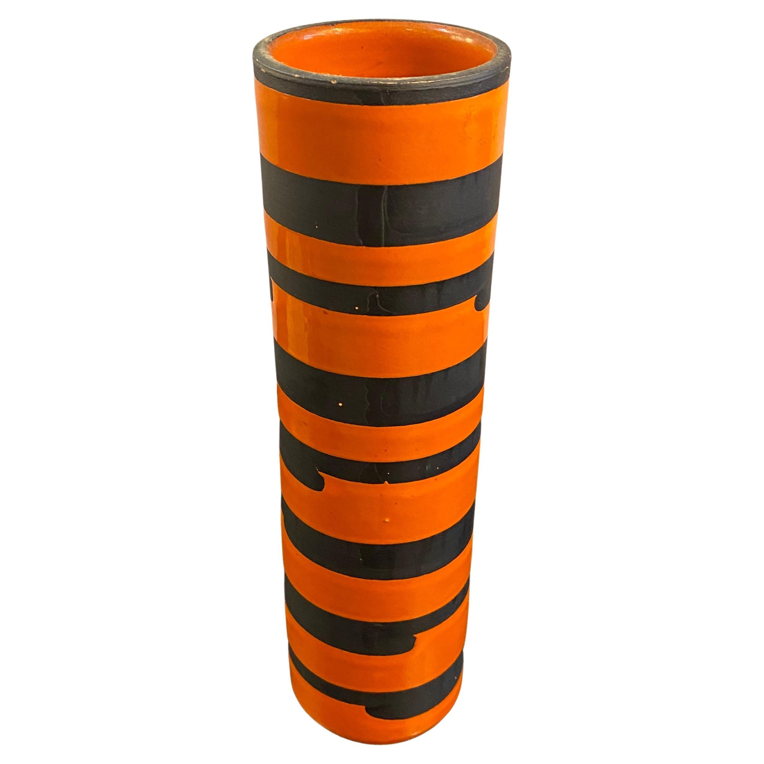 Italian Mid-Century Modern Orange Black Striped Art Pottery Vase For Sale