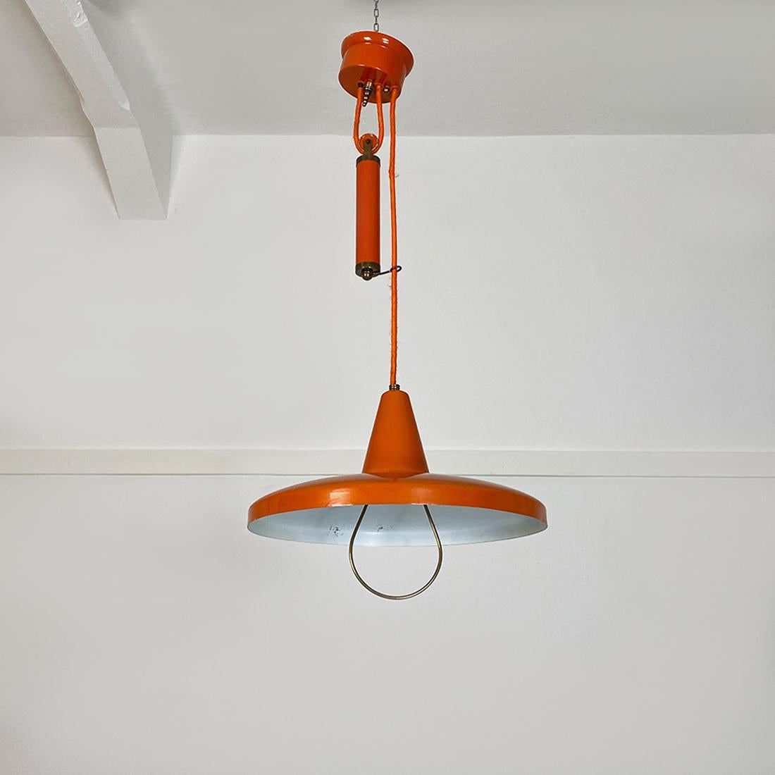 Italian Mid-Century Modern Orange Metal Chandelier with Sliding Support, 1960s In Good Condition In MIlano, IT