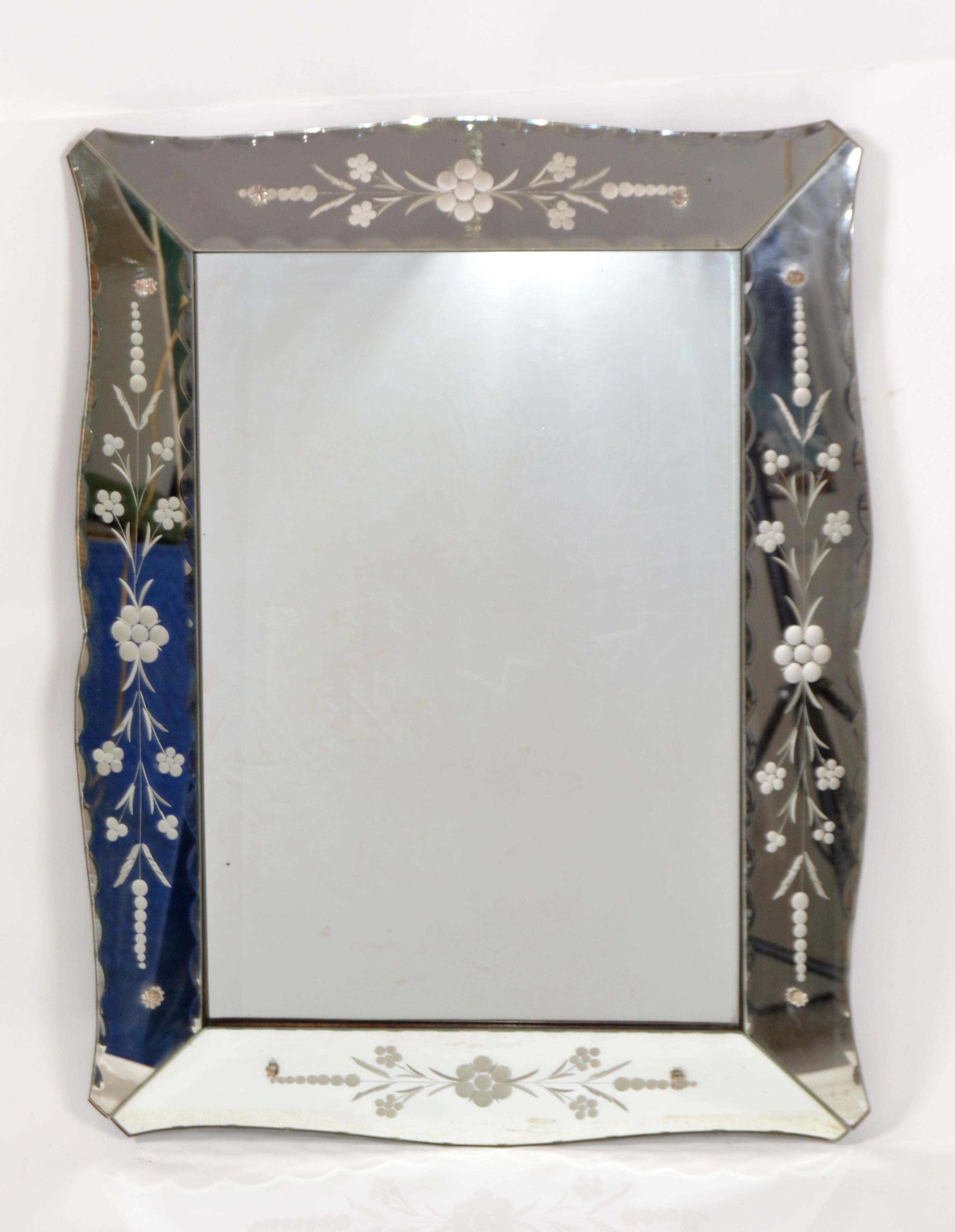 Italian Mid-Century Modern Ornate, Faceted and Etched Venetian Wall Mirror 2