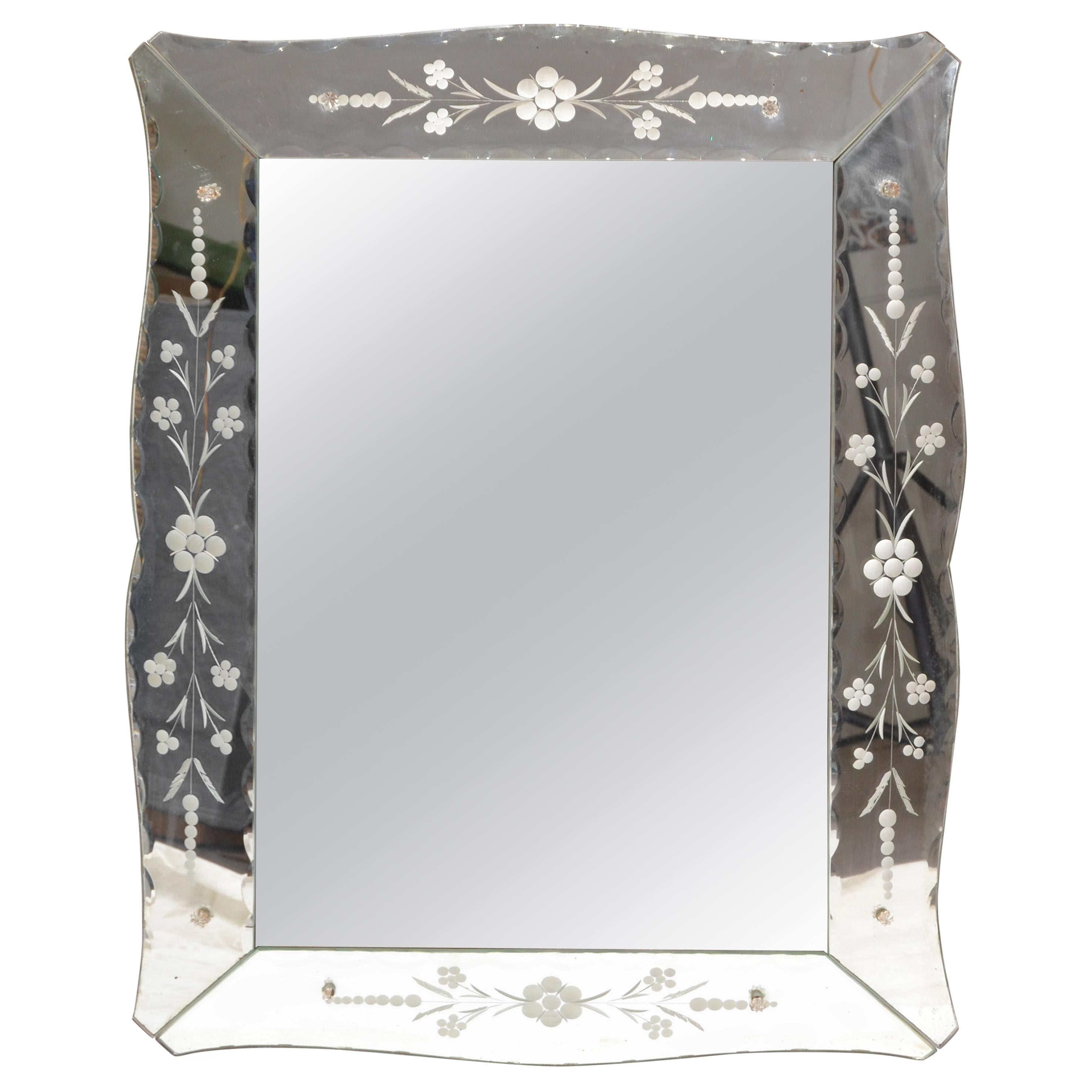 Italian Mid-Century Modern Ornate, Faceted and Etched Venetian Wall Mirror