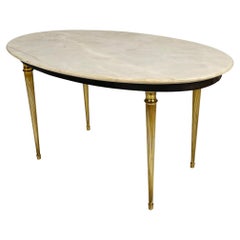 Used Italian mid-century modern Oval coffee table in light marble and brass, 1950s