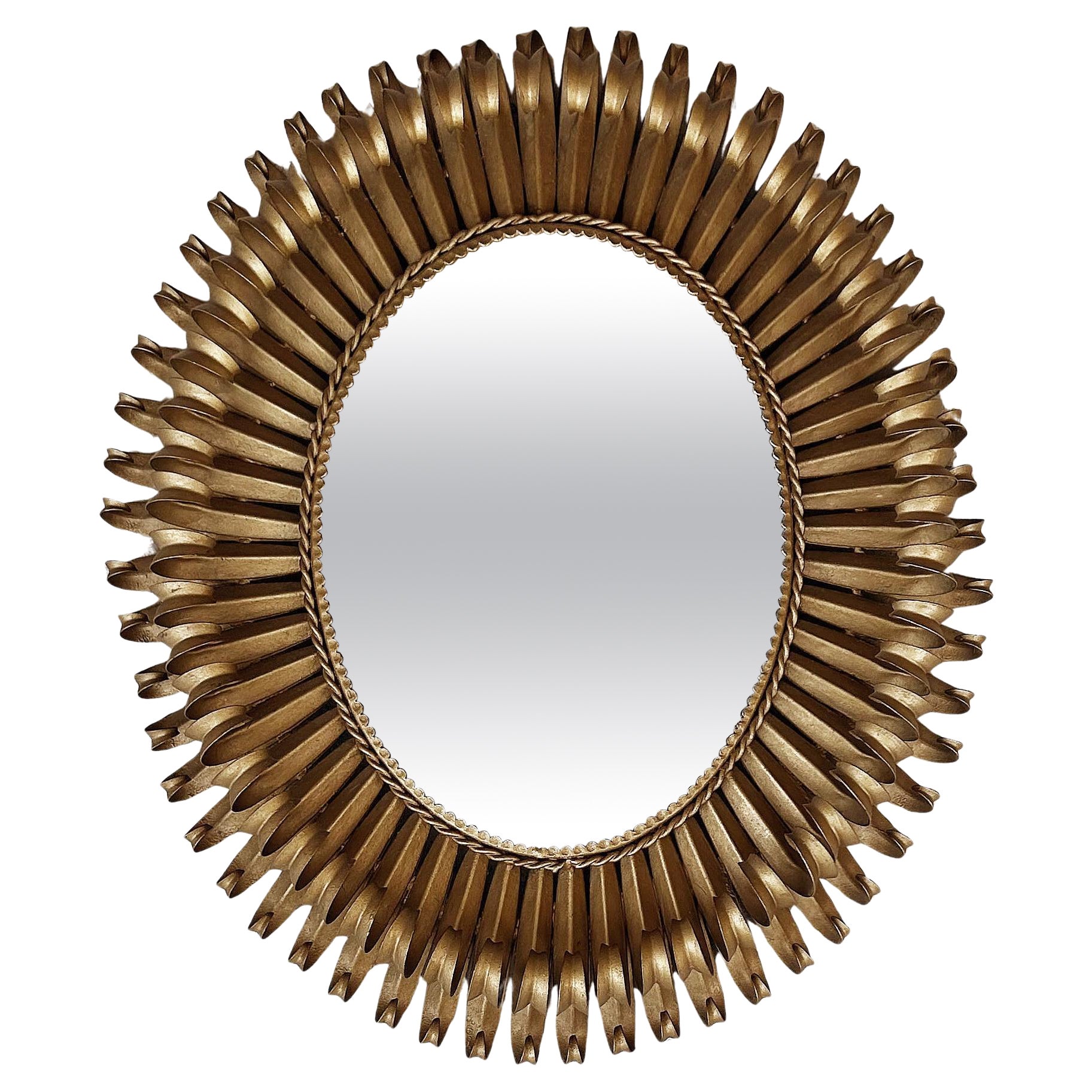 Italian Mid-century Modern Oval Gilt Wrought Iron Mirror with Curved Details