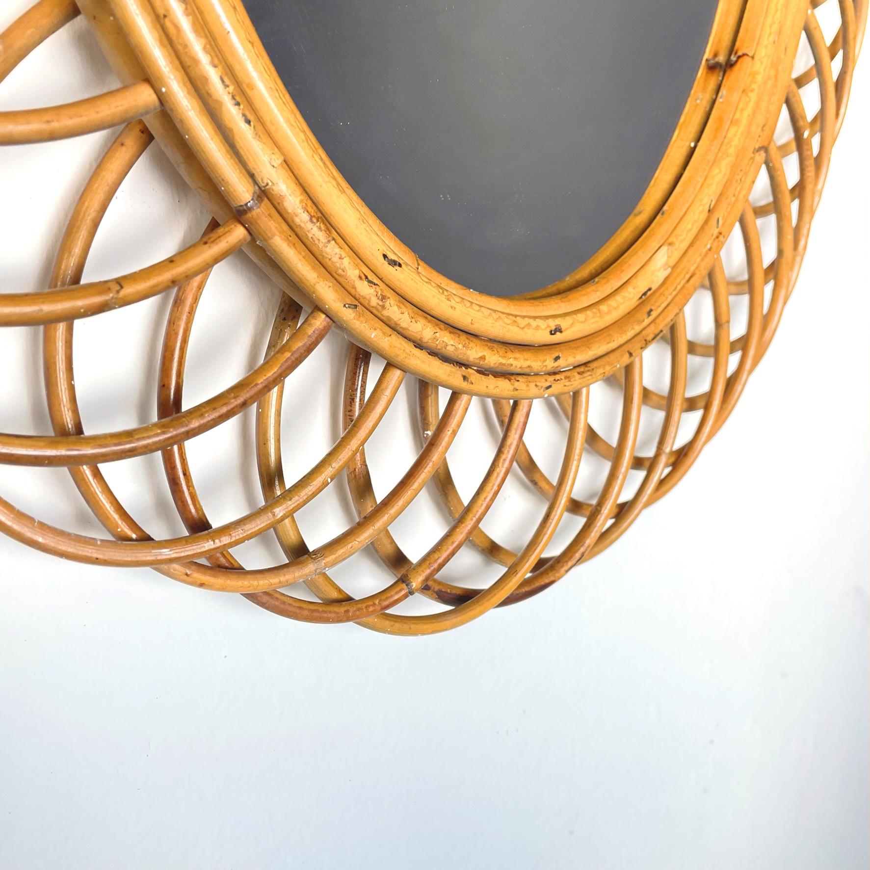 Italian Mid-Century Modern Oval-Shaped Wall Mirror in Curved Rattan, 1950s 2