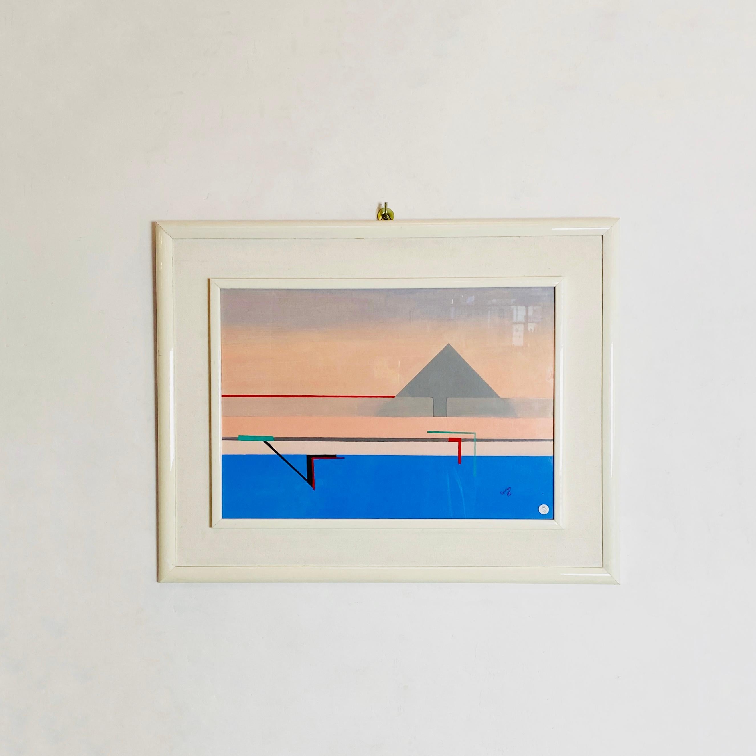 Italian Mid-Century Modern Painting with geometric representation, 1988
Painting with geometric representation, with wooden frame, passe-partout in fabric and the author's signature in the lower left part.
Signed Gino, 1988.

Good