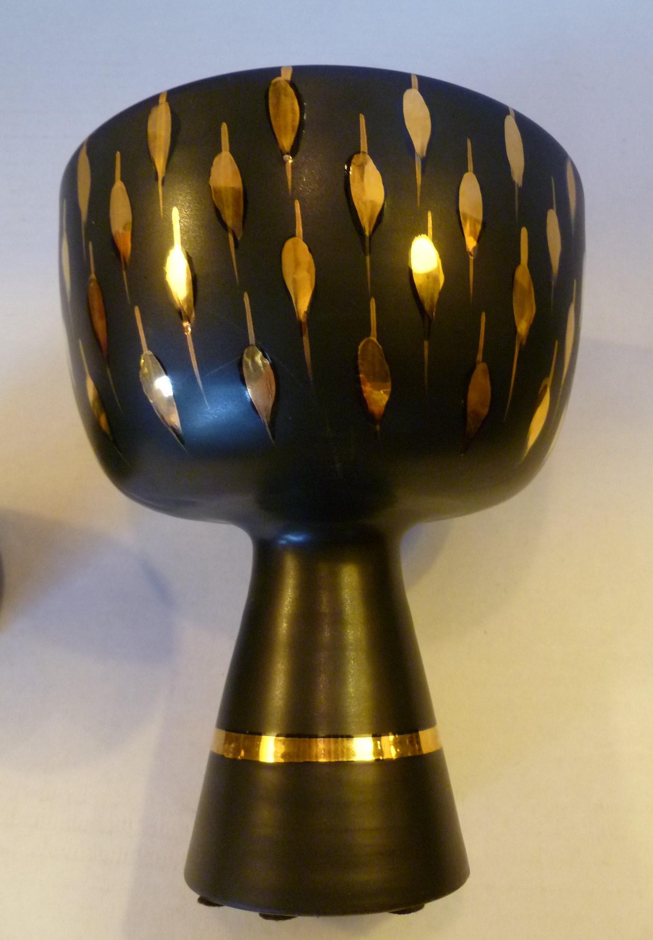 Hand-Crafted Italian Mid-Century Modern Pair of Black and Gold Pottery Vessels