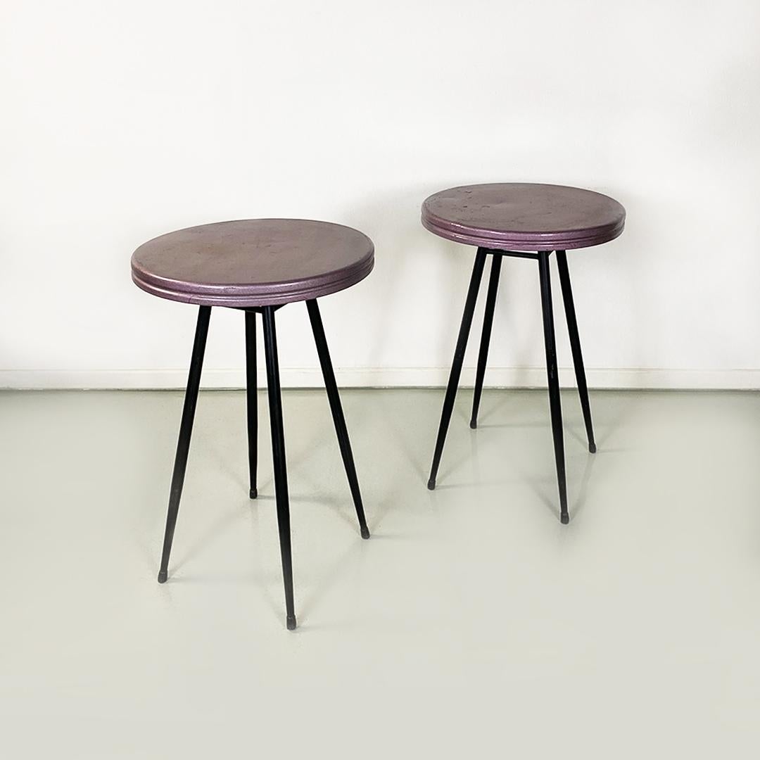 Italian Mid-Century Modern pair of black and purple plum metal bar tables, 1950s.
Pair of bar tables with round purple plum painted metal top and black metal legs.
Coming from a famous Turin nightclub from the 1950s.
Good condition, small signs