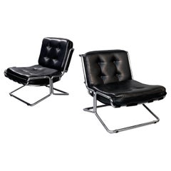 Italian Mid-Century Modern Pair of  Black Leather and Steel Armchairs, 1970s
