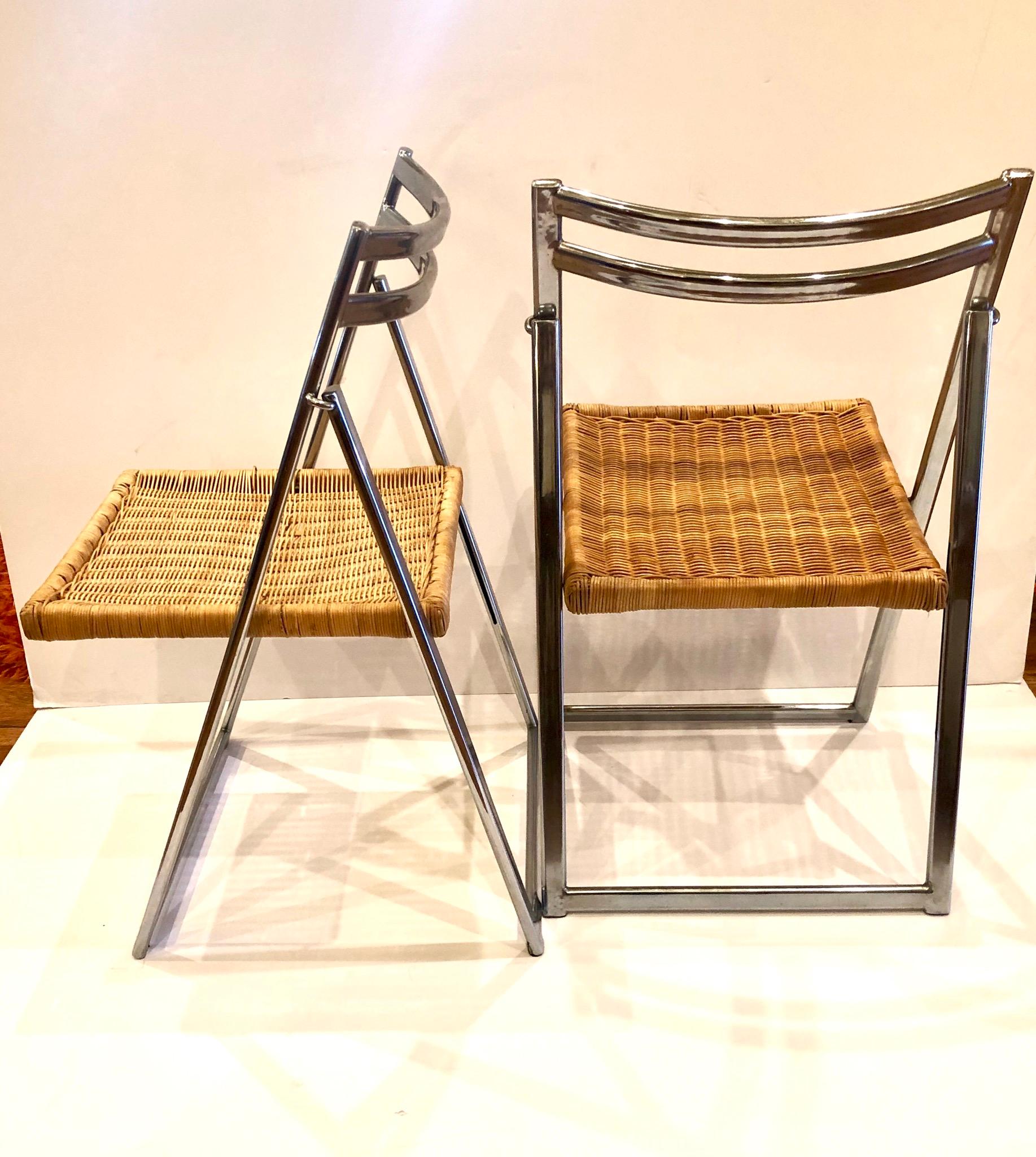 20th Century Italian Mid-Century Modern Pair of Folding Chairs in Chrome & Wicker