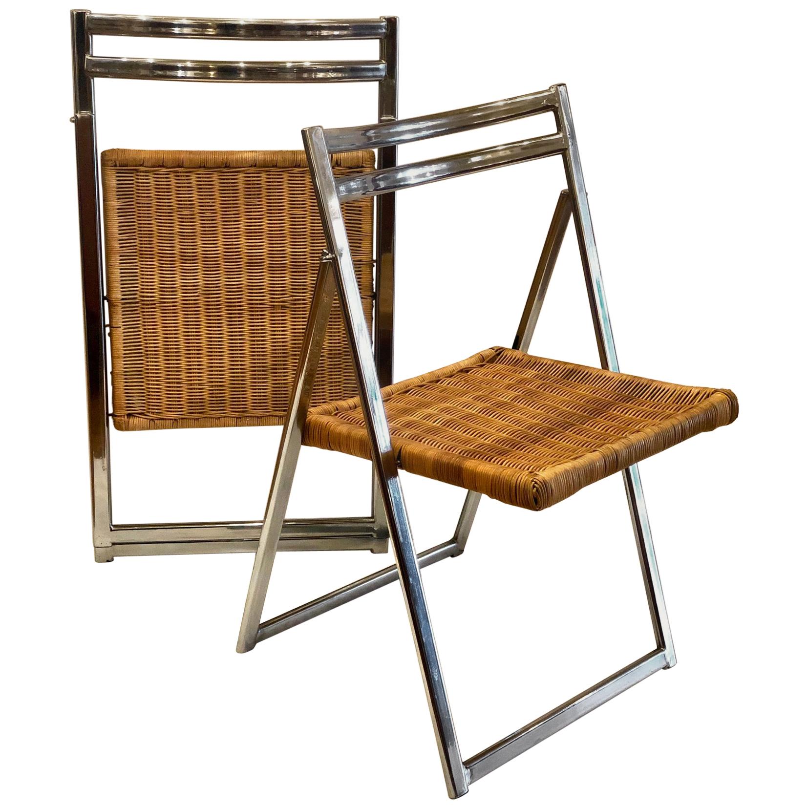 Italian Mid-Century Modern Pair of Folding Chairs in Chrome & Wicker