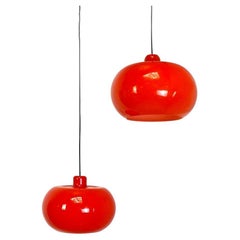 Italian Mid-Century Modern Pair of Orange Glass Chandeliers, 1960s