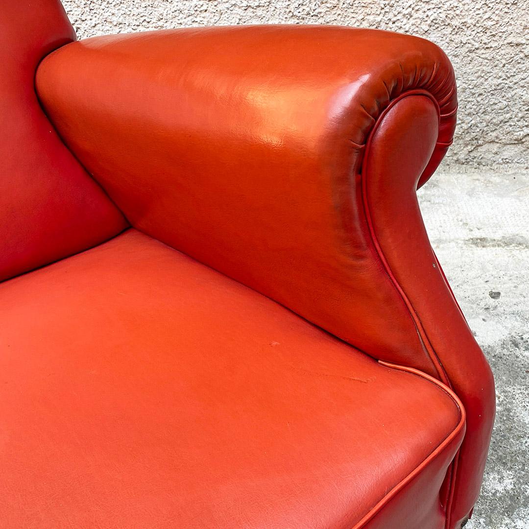 Italian Mid Century Modern Pair of Red Leather Armchairs with Armrests, 1940s For Sale 7