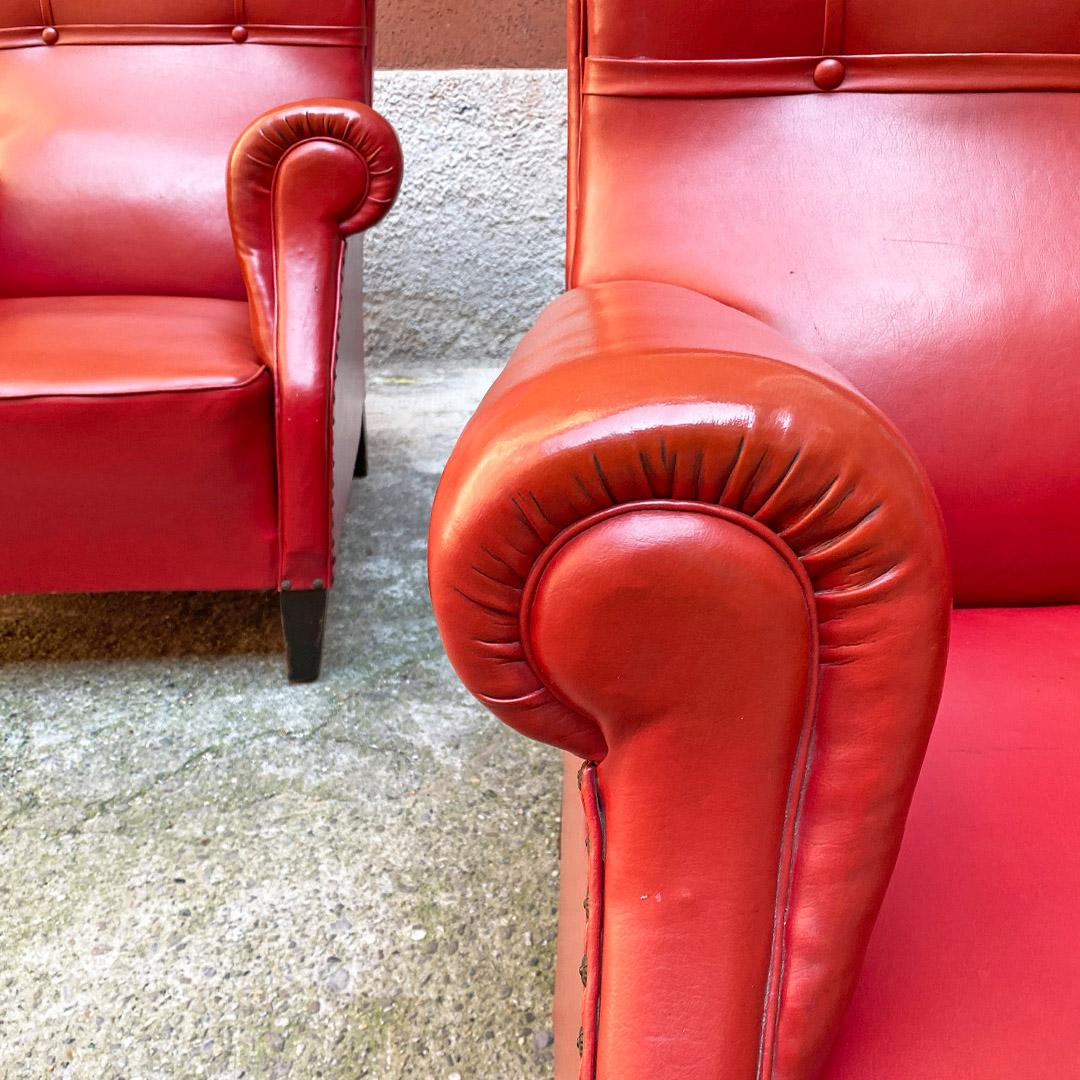 Italian Mid Century Modern Pair of Red Leather Armchairs with Armrests, 1940s For Sale 9