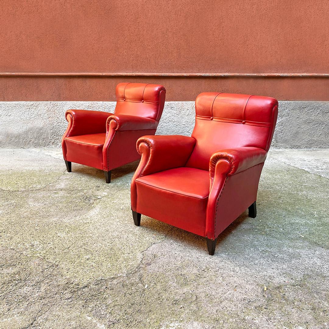 Mid-Century Modern Italian Mid Century Modern Pair of Red Leather Armchairs with Armrests, 1940s For Sale