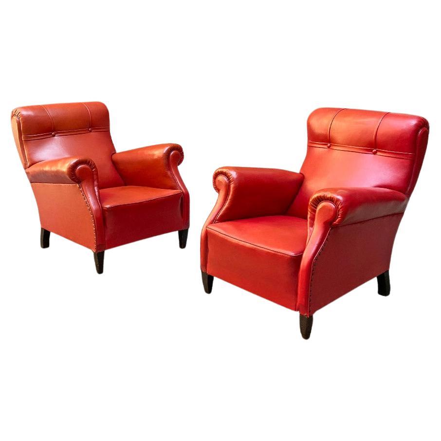 Italian Mid Century Modern Pair of Red Leather Armchairs with Armrests, 1940s For Sale