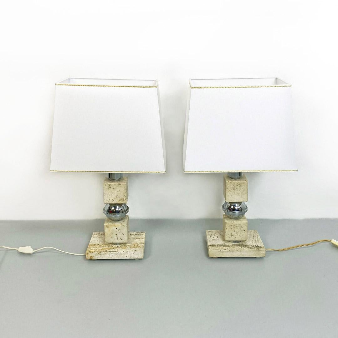 Italian Mid-Century Modern Pair of Steel and Travertine Table Lamps, 1970s In Excellent Condition For Sale In MIlano, IT