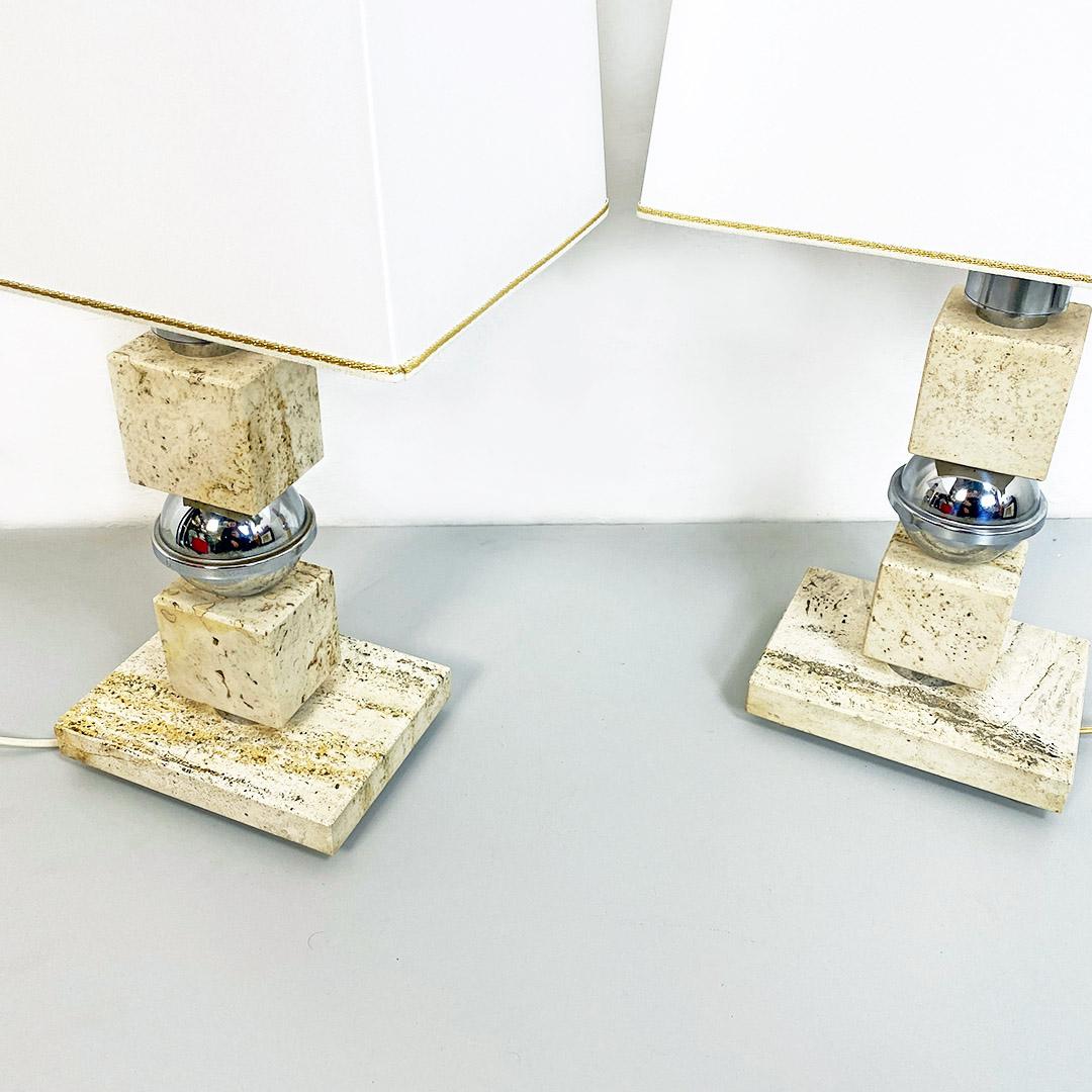 Mid-20th Century Italian Mid-Century Modern Pair of Steel and Travertine Table Lamps, 1970s For Sale