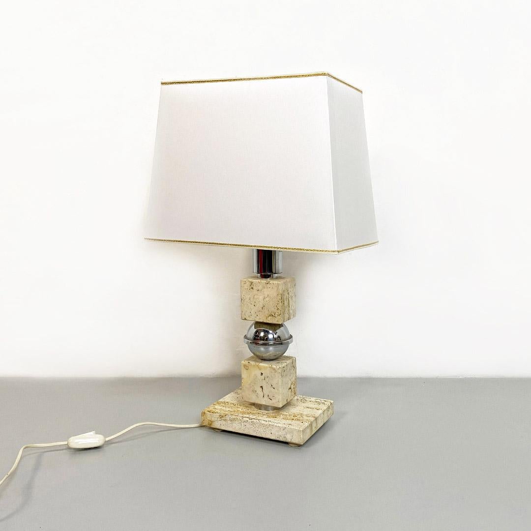 Italian Mid-Century Modern Pair of Steel and Travertine Table Lamps, 1970s For Sale 2