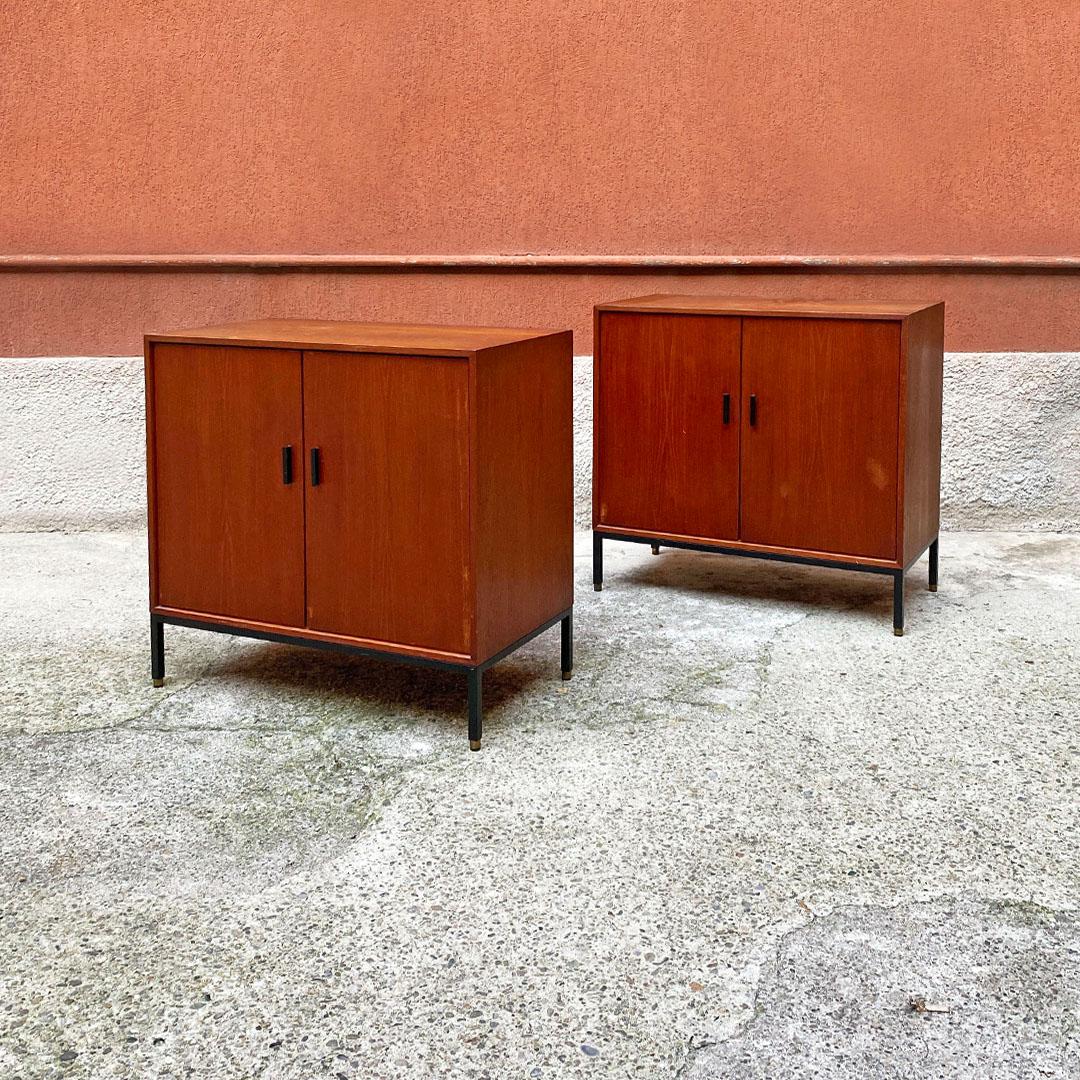 Italian Mid-Century Modern pair of teak and metal details sideboards, 1960s
Pair of teak sideboards with hinged doors, handles and metal legs.
Brand present on the back.
1960s.
Excellent condition, surfaces not yet re-polished.
Measurements in