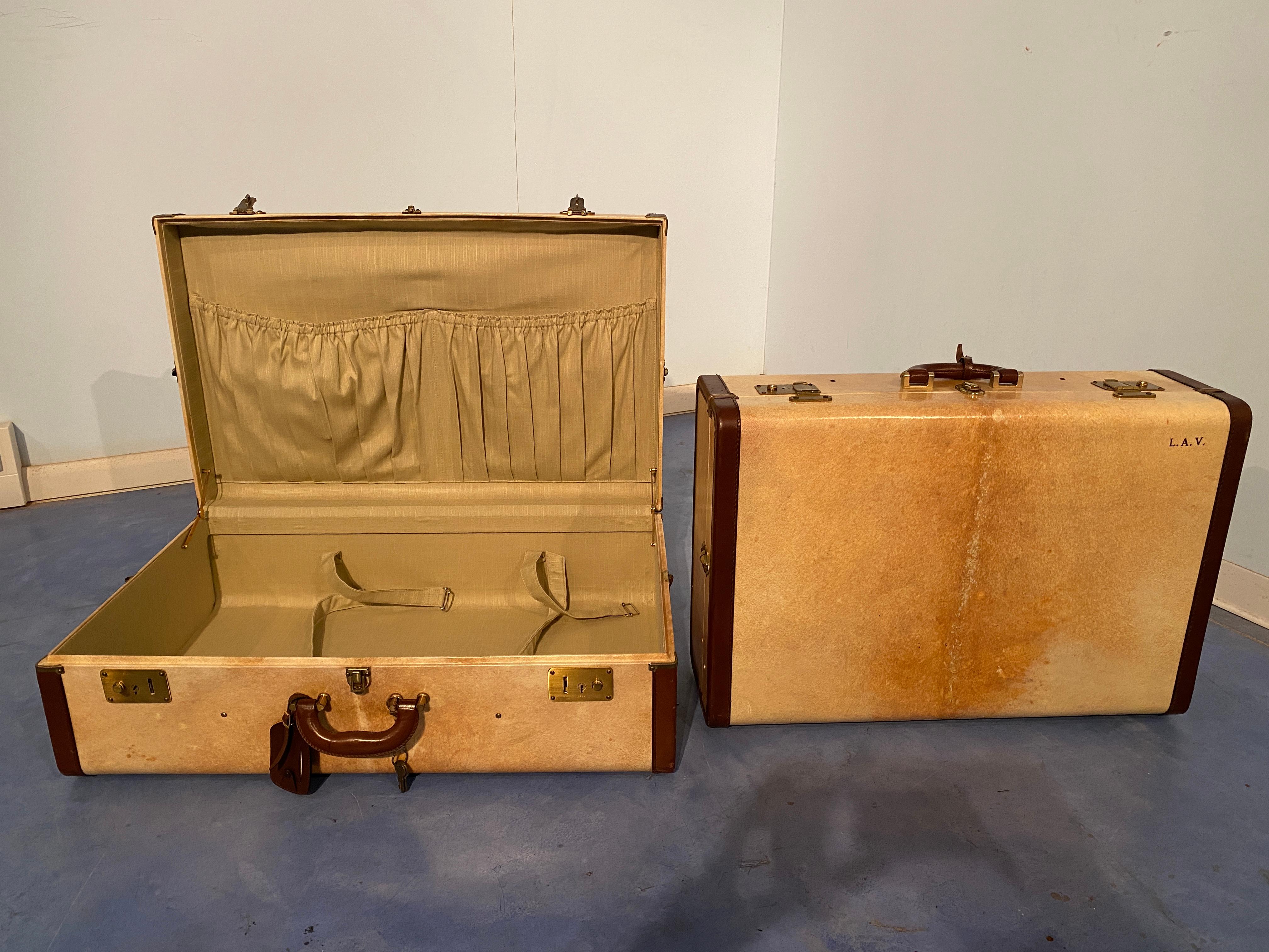 Leather Italian Mid-Century Modern Parchment Paper Luggages or Suitcases Set of Two 1960 For Sale