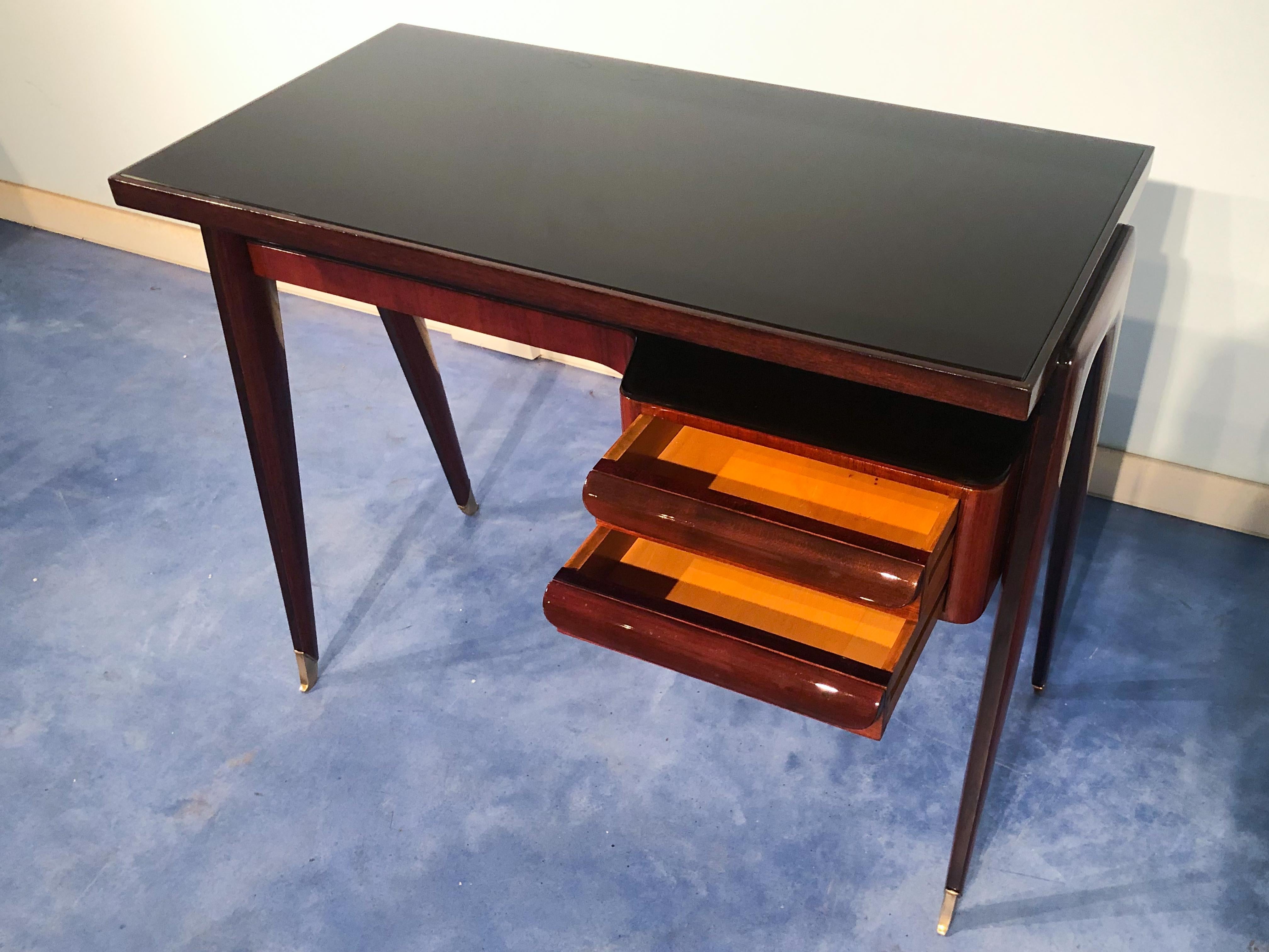 Brass Italian Mid-Century Modern Petite Desk in Teak Designed by Vittorio Dassi, 1950s