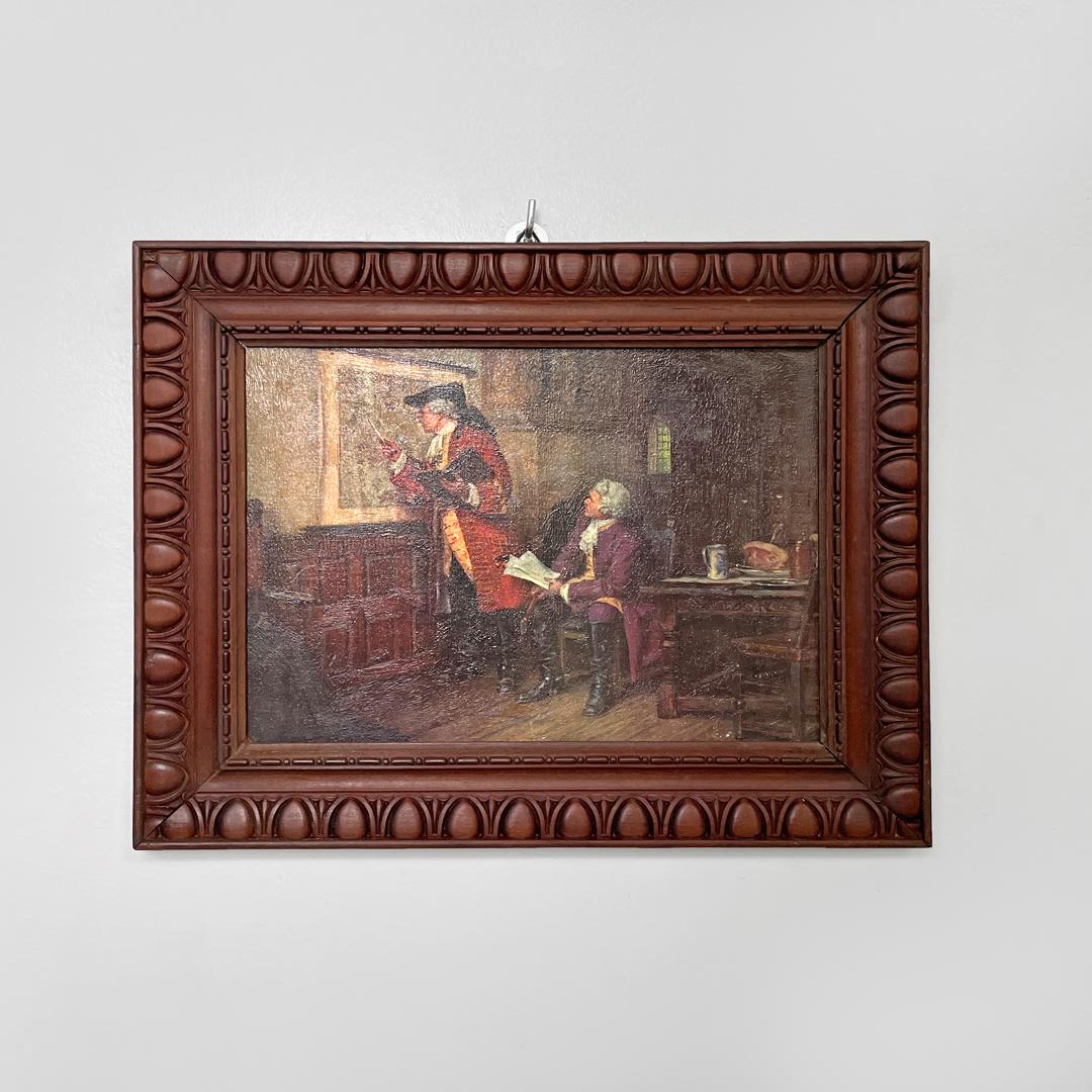 Quadro italiano di metà secolo moderno con cornice decorata in legno, anni '60
Quadro rettangolare con cornice in legno lavorata con decorazioni ripetute e arrotondate. Il dipinto raffigura due figure maschili intente a osservare una mappa appesa