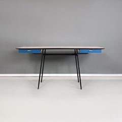 Italian Mid-Century Modern Pink and Teal Laminate, Brass, Black Metal Desk 1960s