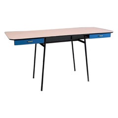 Italian Mid-Century Modern Pink and Teal Laminate, Brass, Black Metal Desk 1960s