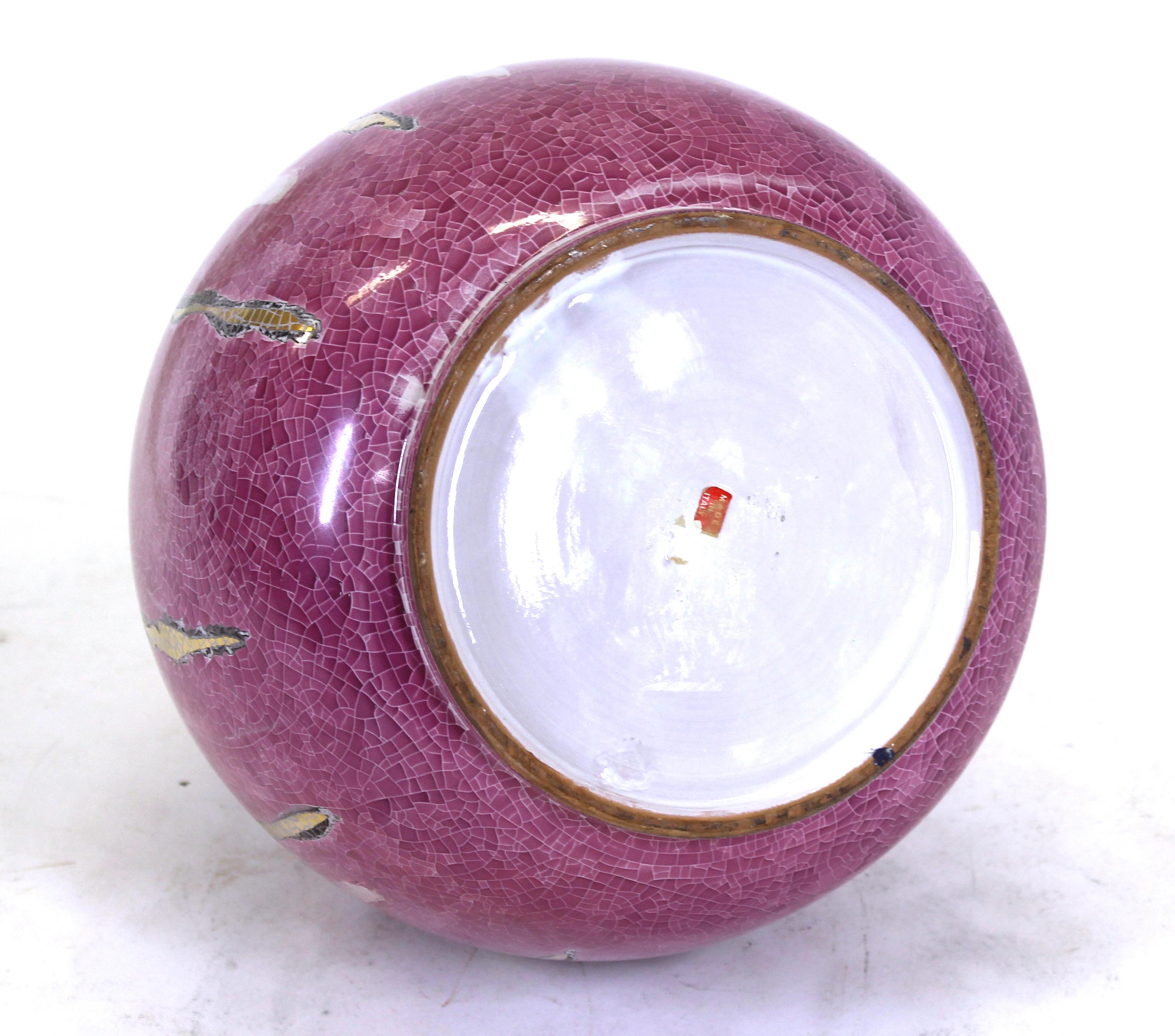 Italian Mid-Century Modern Pink Craquelure Glaze & Gold Décor Vase For Sale 5