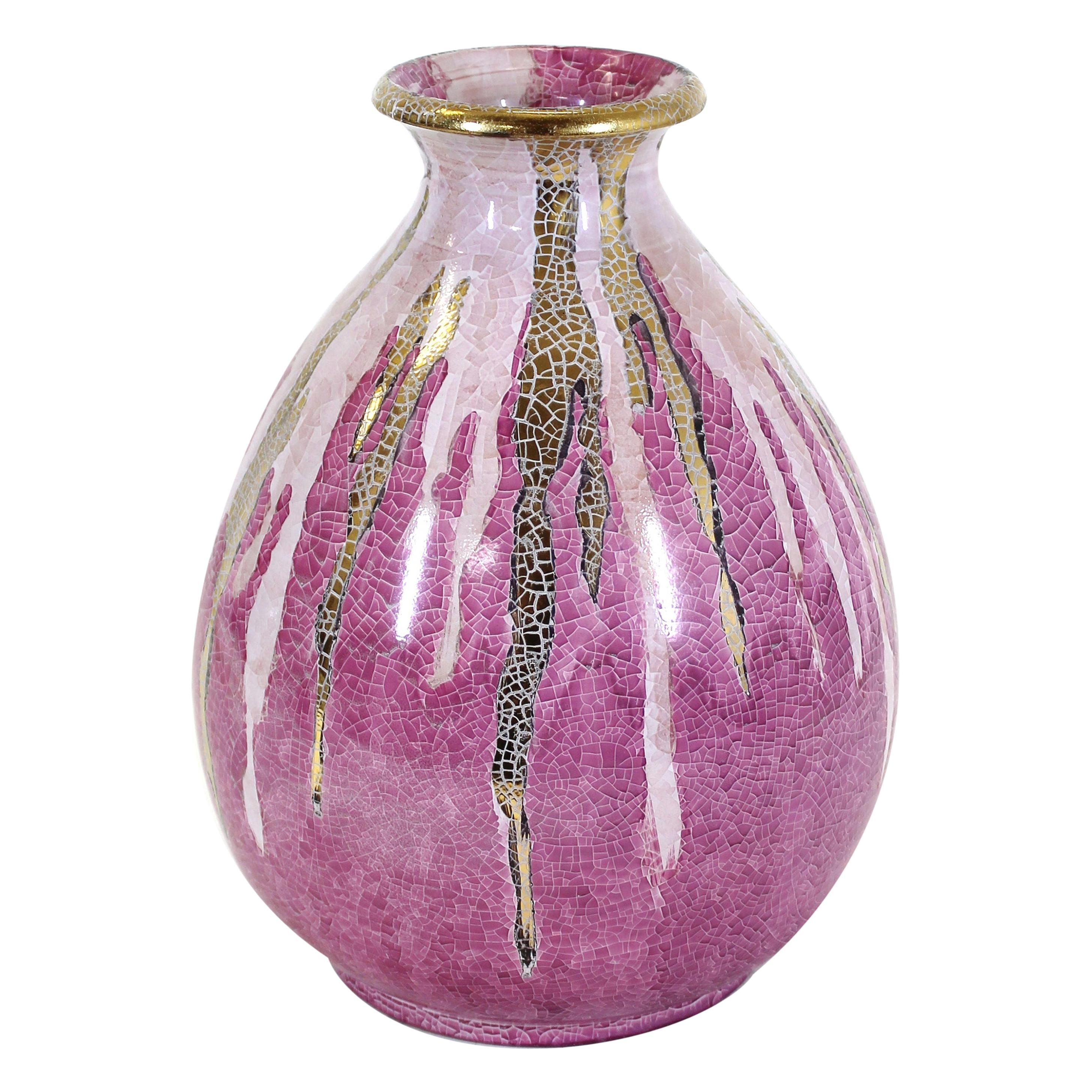 Italian Mid-Century Modern Pink Craquelure Glaze & Gold Décor Vase For Sale