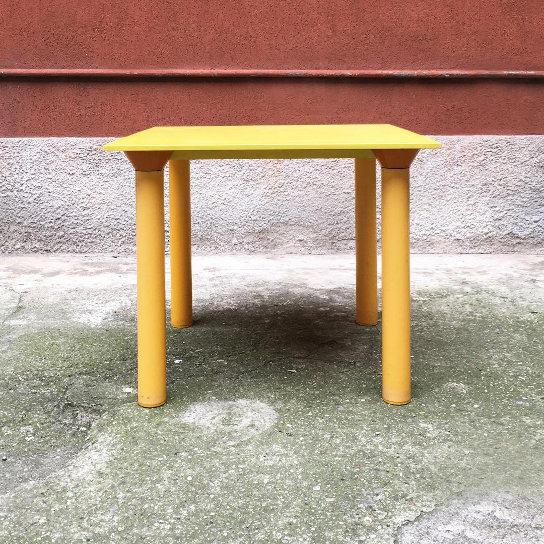 Italian Mid-Century Modern plastic yellow table by Kartell, 1970s
Plastic table in three shades of yellow, with laminate top, round section legs with truncated cone attachment to the top. Produced by Kartell, 1970s

Some signs of aging on the